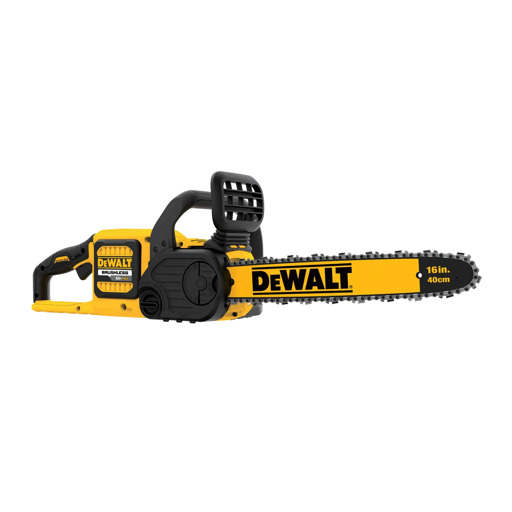 DEWALT 16-inch cordless chainsaw with yellow and black design, brushless motor, and ergonomic handle.