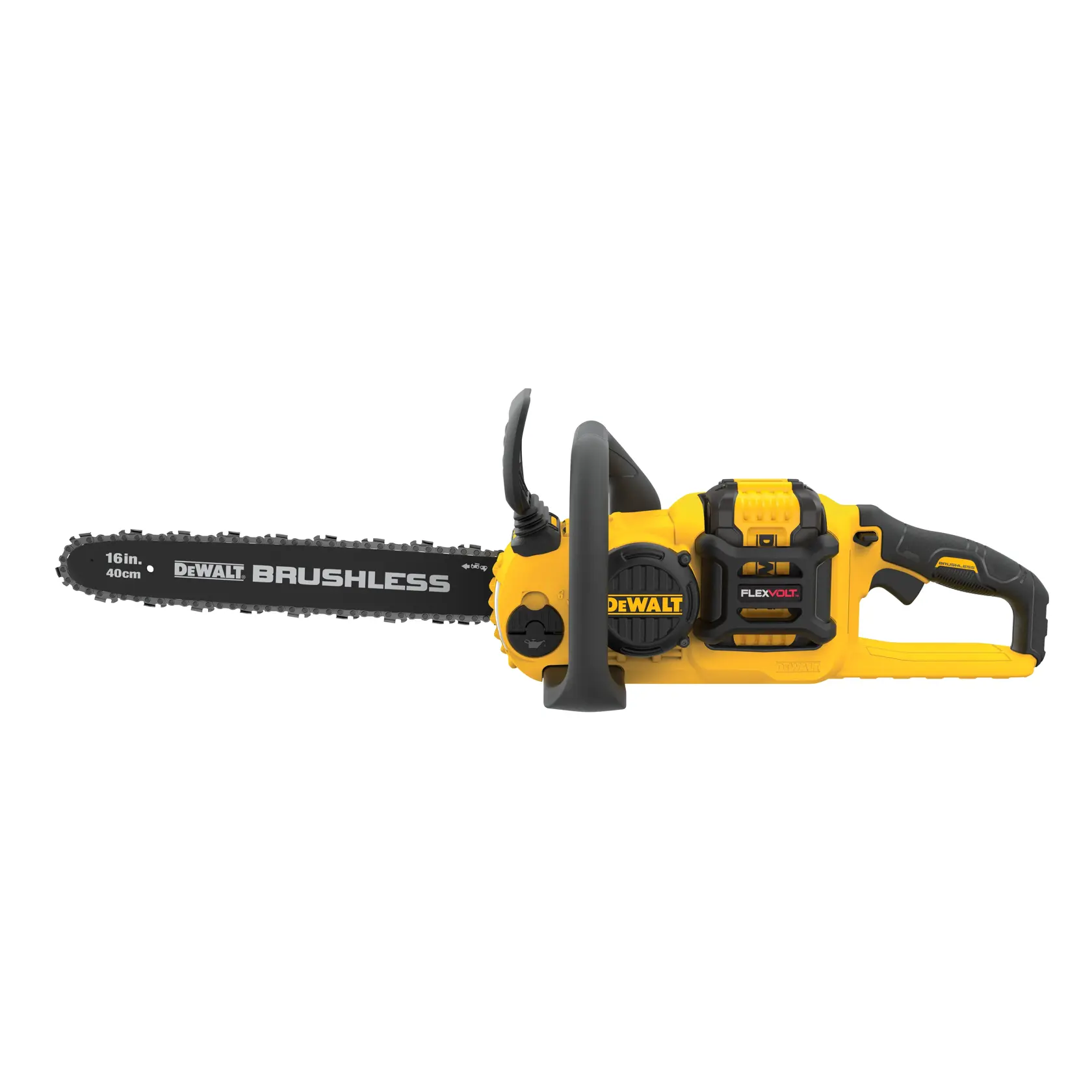 A DEWALT brushless chainsaw with a 16-inch bar, featuring a yellow and black design and a FlexVolt battery.