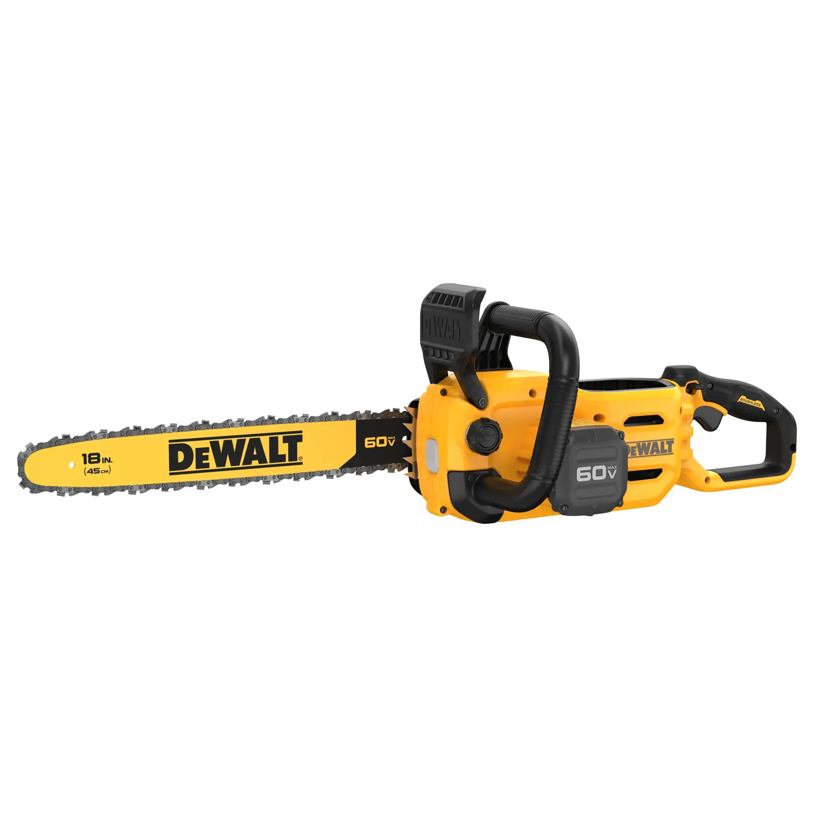 A yellow and black DEWALT cordless chainsaw with an 18-inch guide bar and a 60V battery, displayed against a white background.