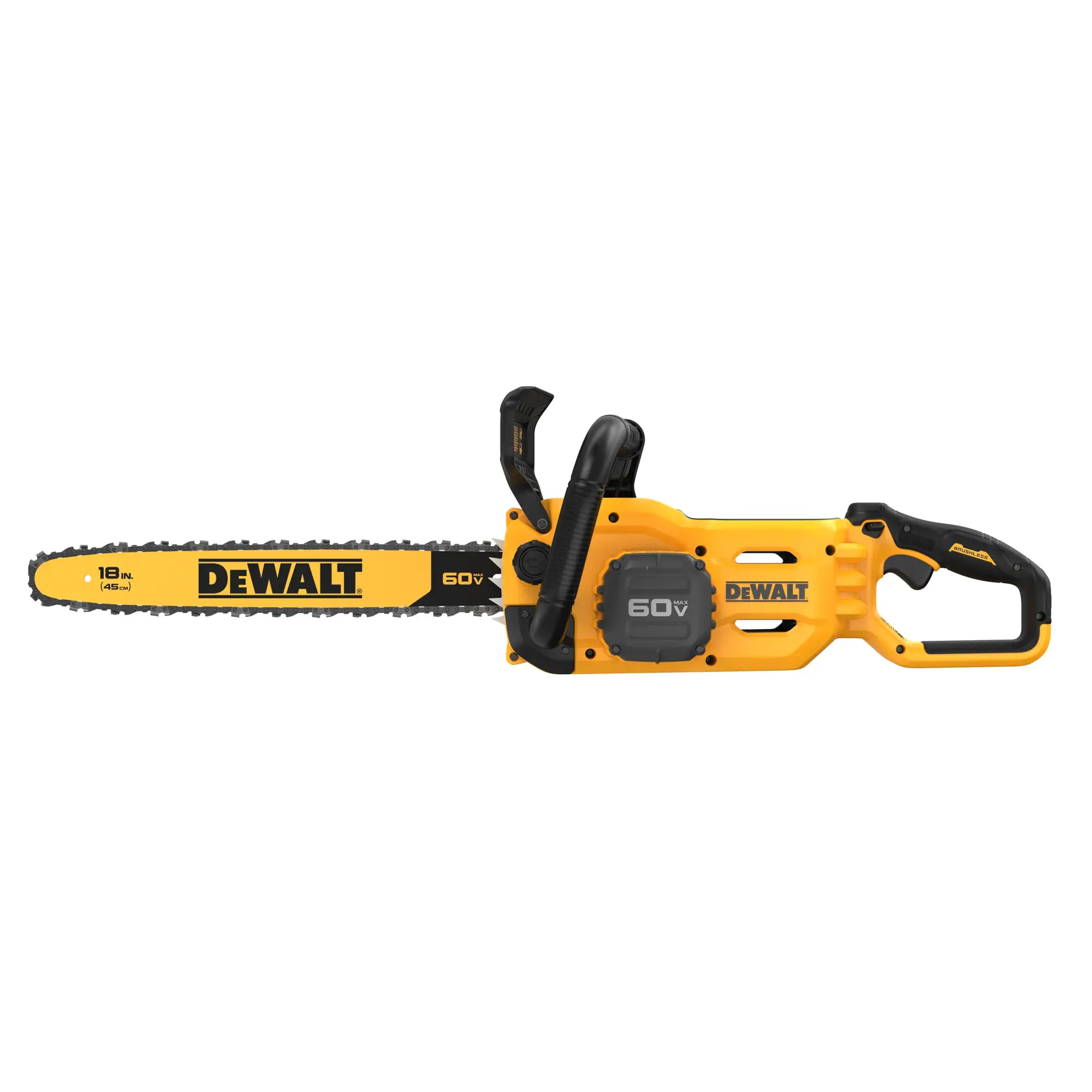 A yellow and black DEWALT 60V cordless chainsaw with an 18-inch bar, featuring ergonomic handles and a modern design.