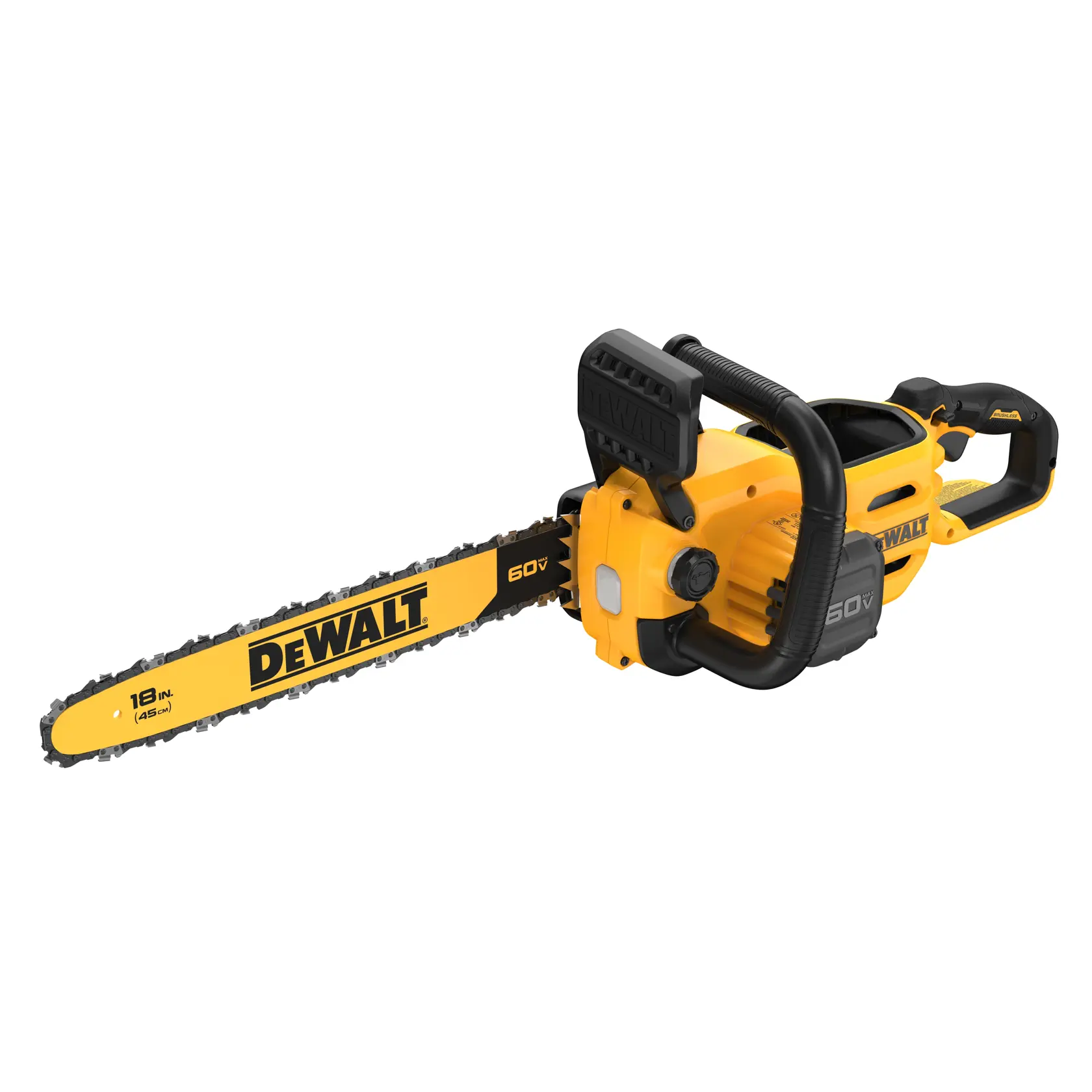 A yellow and black DEWALT cordless chainsaw with an 18-inch bar, 60V battery system, and ergonomic handle design.