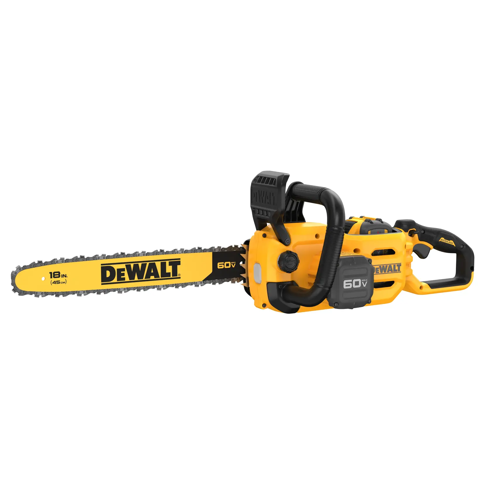 A DEWALT 60V cordless chainsaw with an 18-inch bar, shown in yellow and black color, featuring ergonomic handles and battery compartment.