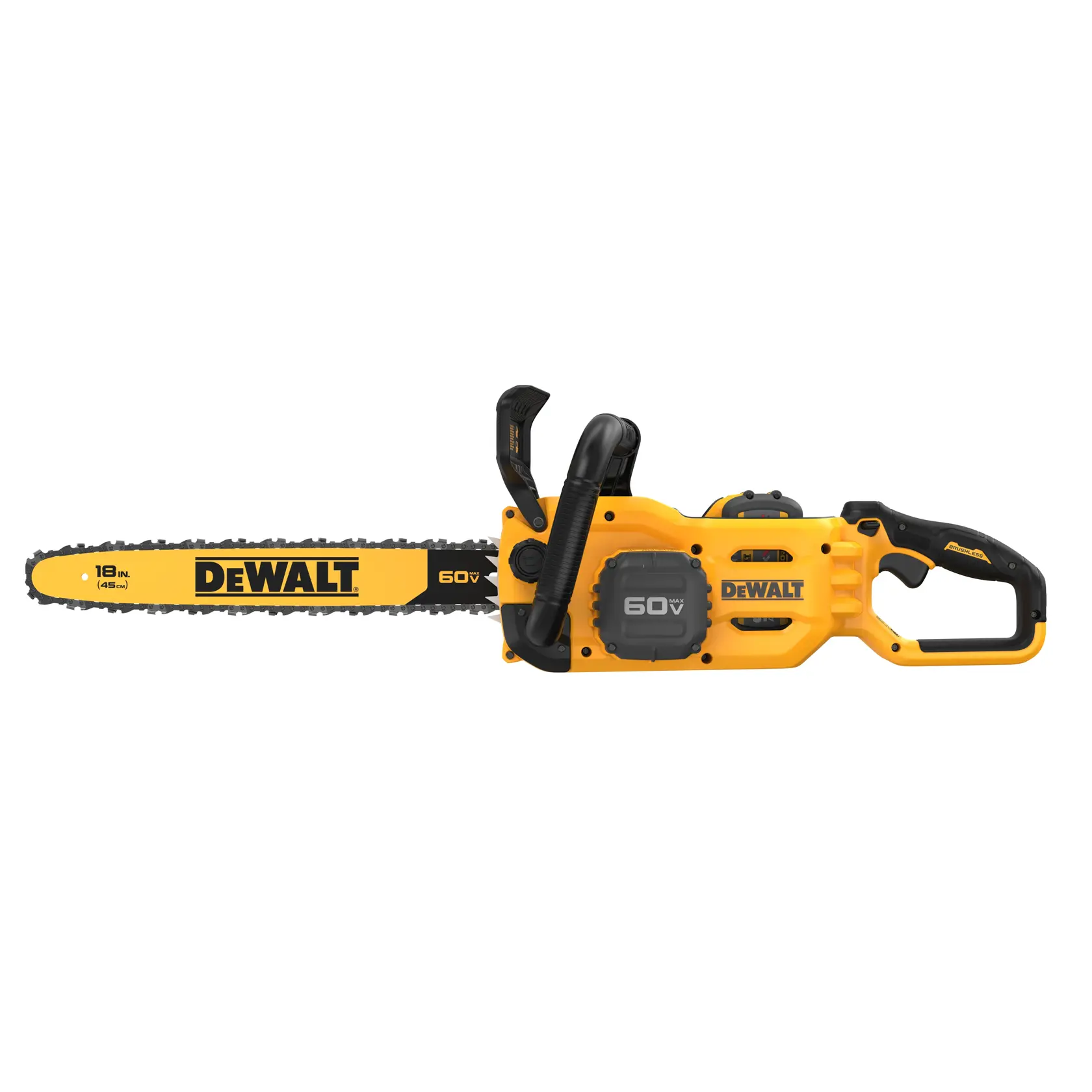 A yellow and black Dewalt 60V battery-powered chainsaw with an 18-inch blade, shown on a white background.