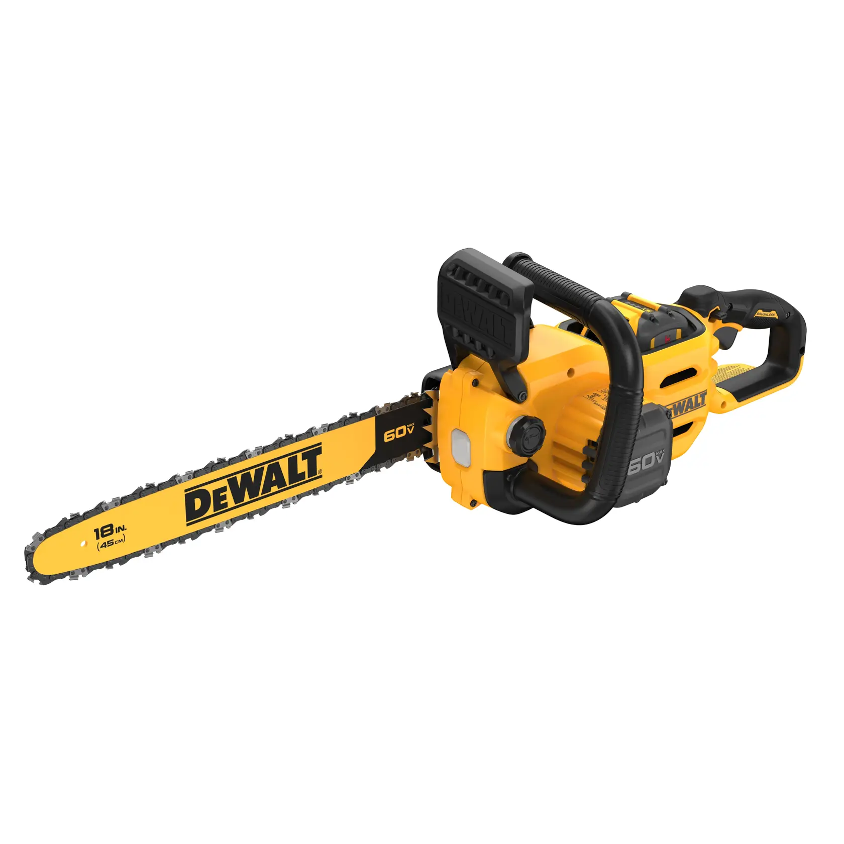 A DEWALT 60V electric chainsaw with an 18-inch blade, shown in yellow and black colors on a white background.