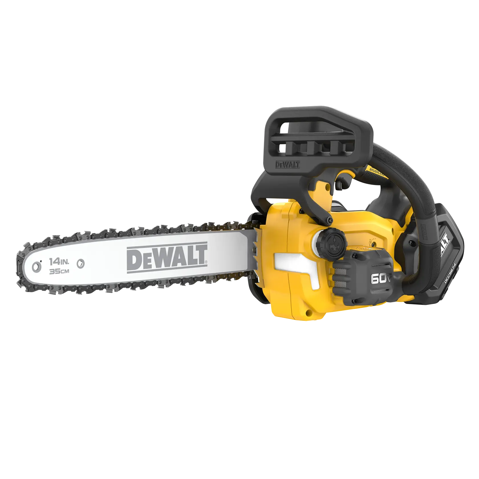 A DEWALT cordless chainsaw with a yellow and black body, featuring a 14-inch (35 cm) bar and chain. The saw has a prominent handle and battery pack labeled 60V, designed for power tool use.