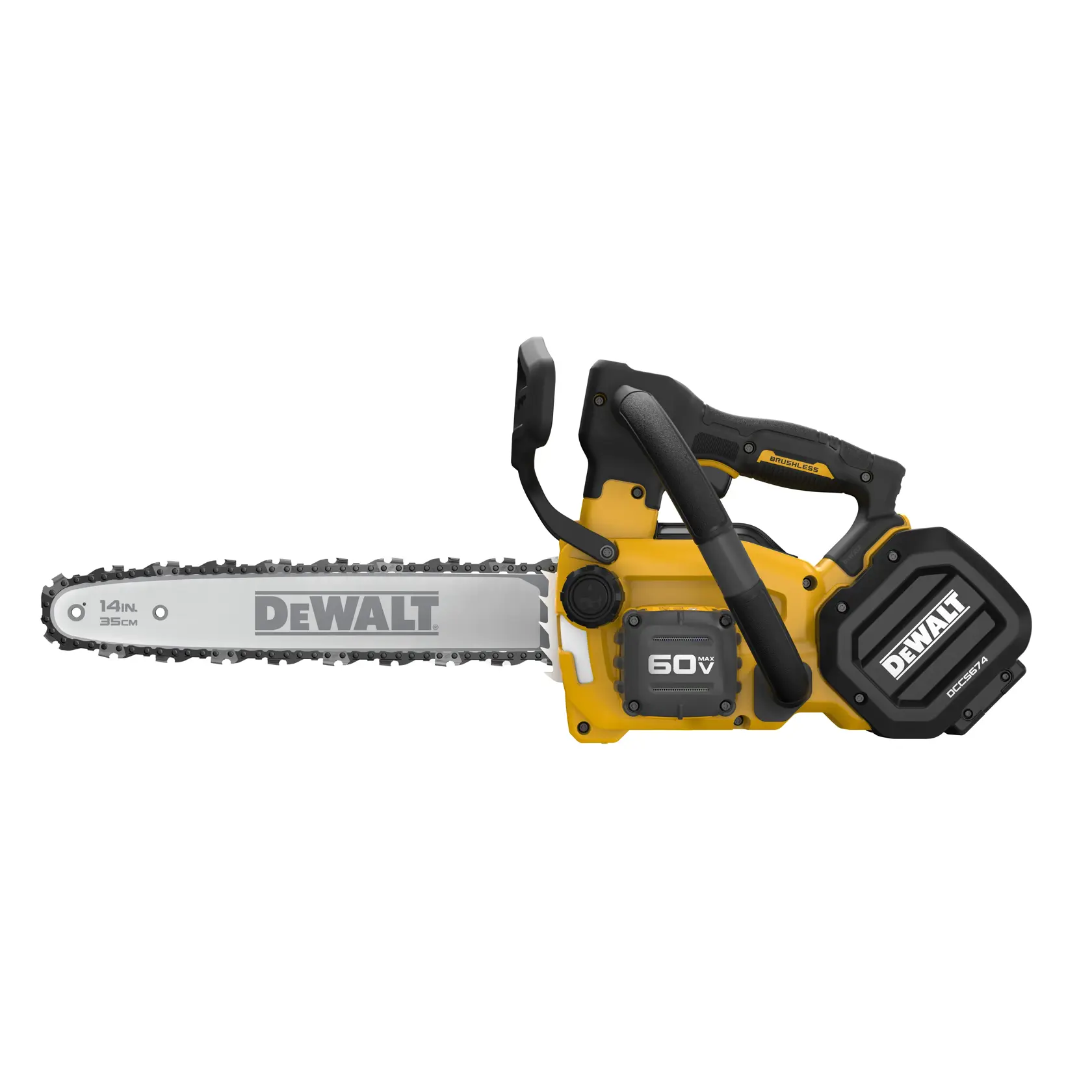 A DEWALT 60V cordless chainsaw with a 14-inch (35 cm) bar, shown in a side view against a white background.