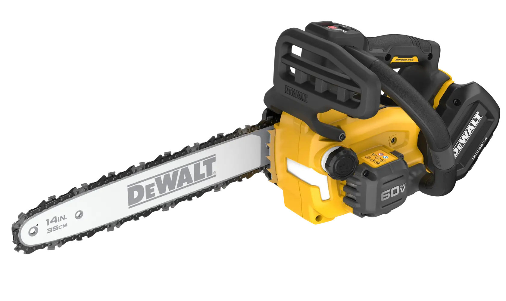 A yellow and black DEWALT cordless chainsaw with a 14-inch blade, featuring a prominent DEWALT logo and ergonomic handle design.
