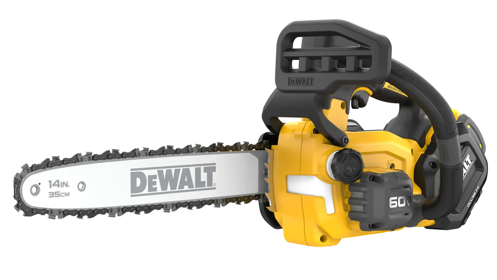 A DEWALT 14-inch cordless chainsaw with a yellow and black design, featuring a sturdy handle and a 60V brushless motor.