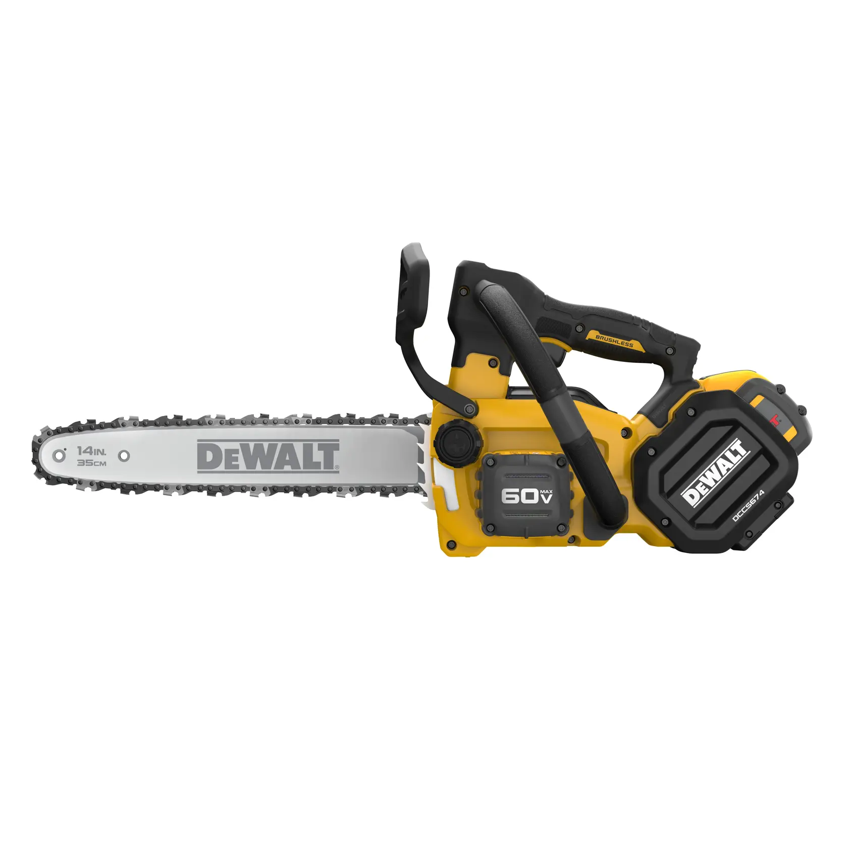 A DEWALT 50V cordless chainsaw with a 14 inch (35 cm) blade, shown against a white background.