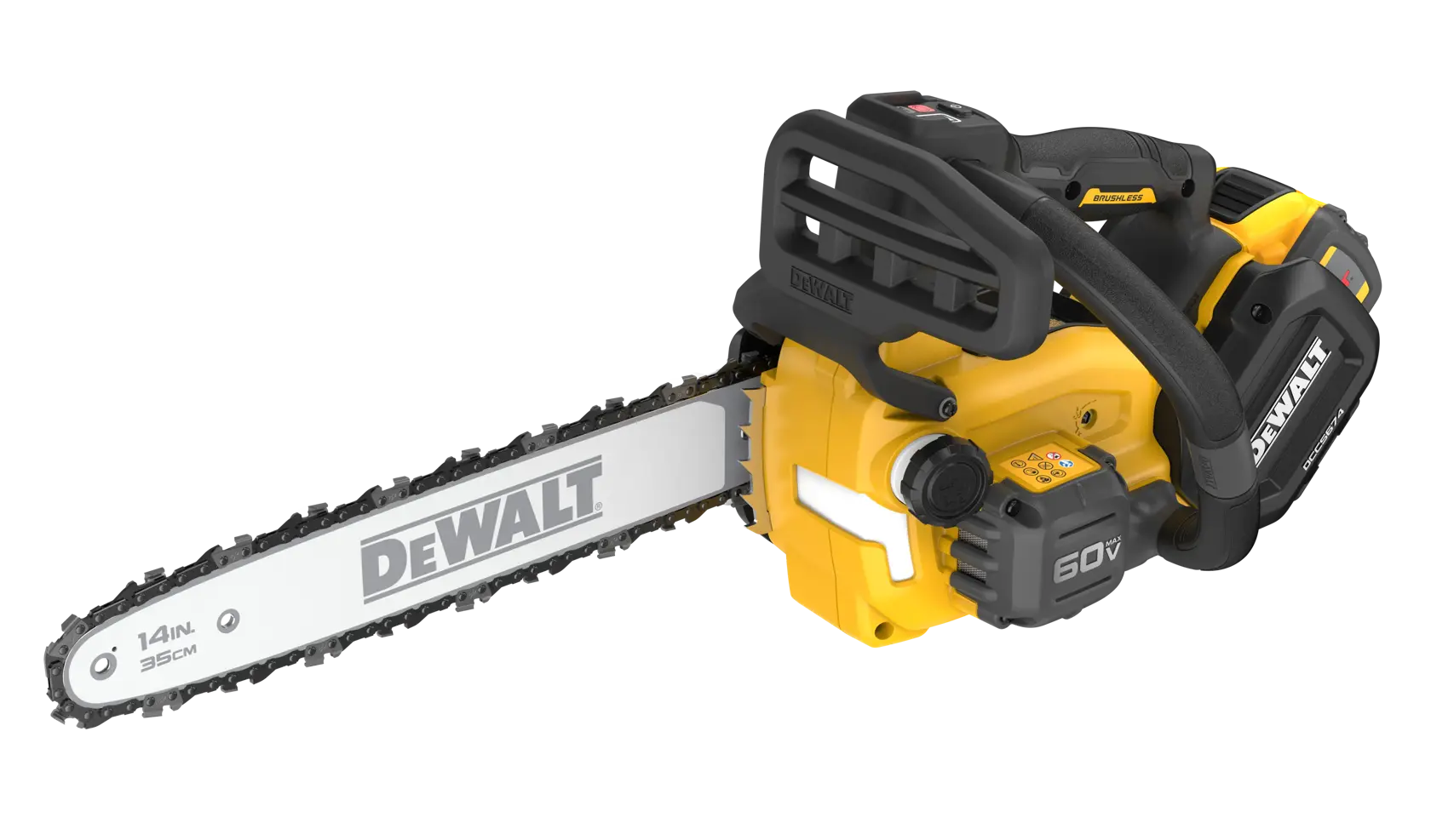 A DEWALT 60V cordless chainsaw with a yellow and black body and a 14-inch blade is shown.
