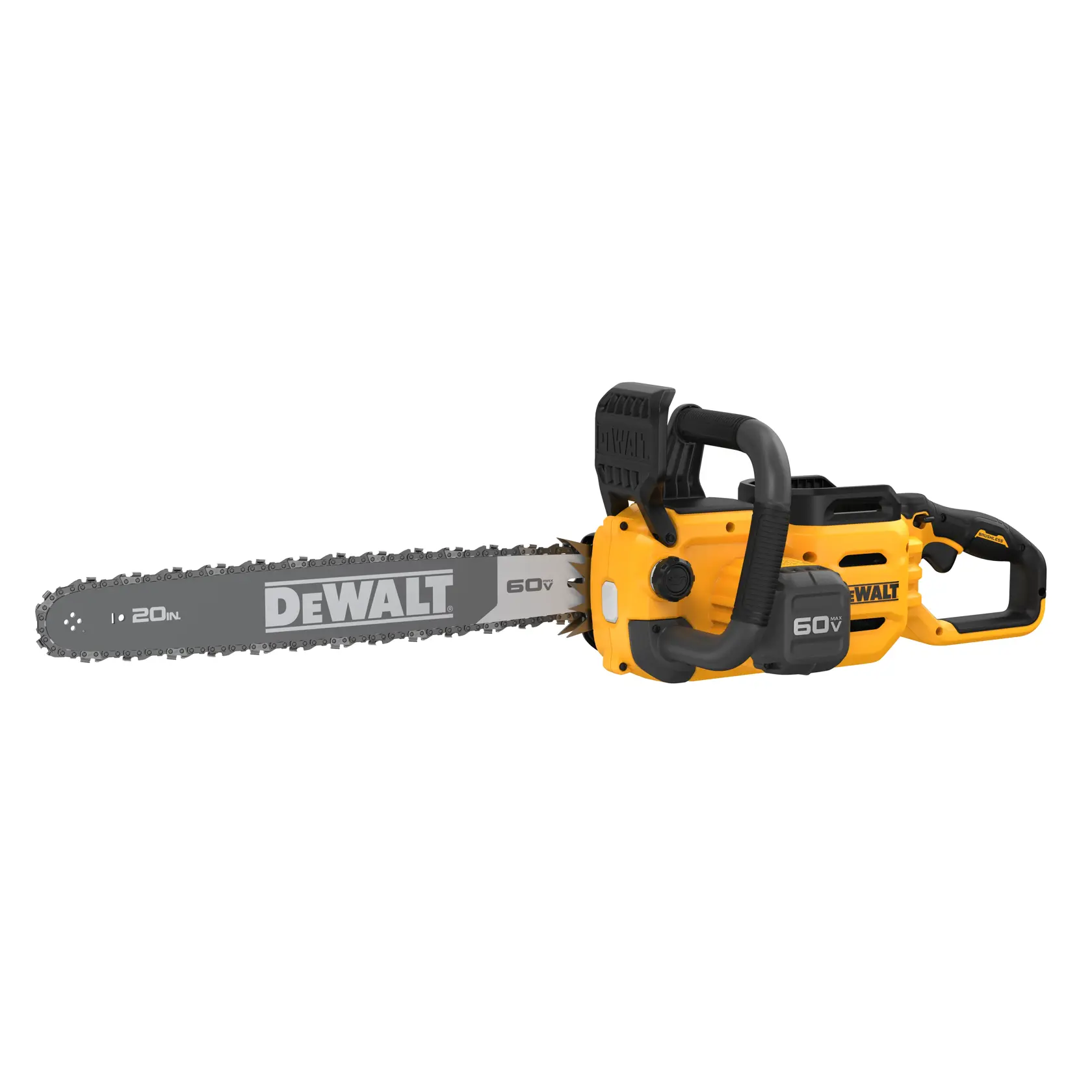 A DEWALT 60V battery-powered chainsaw with a yellow and black body, featuring a 20-inch blade and ergonomic handle.