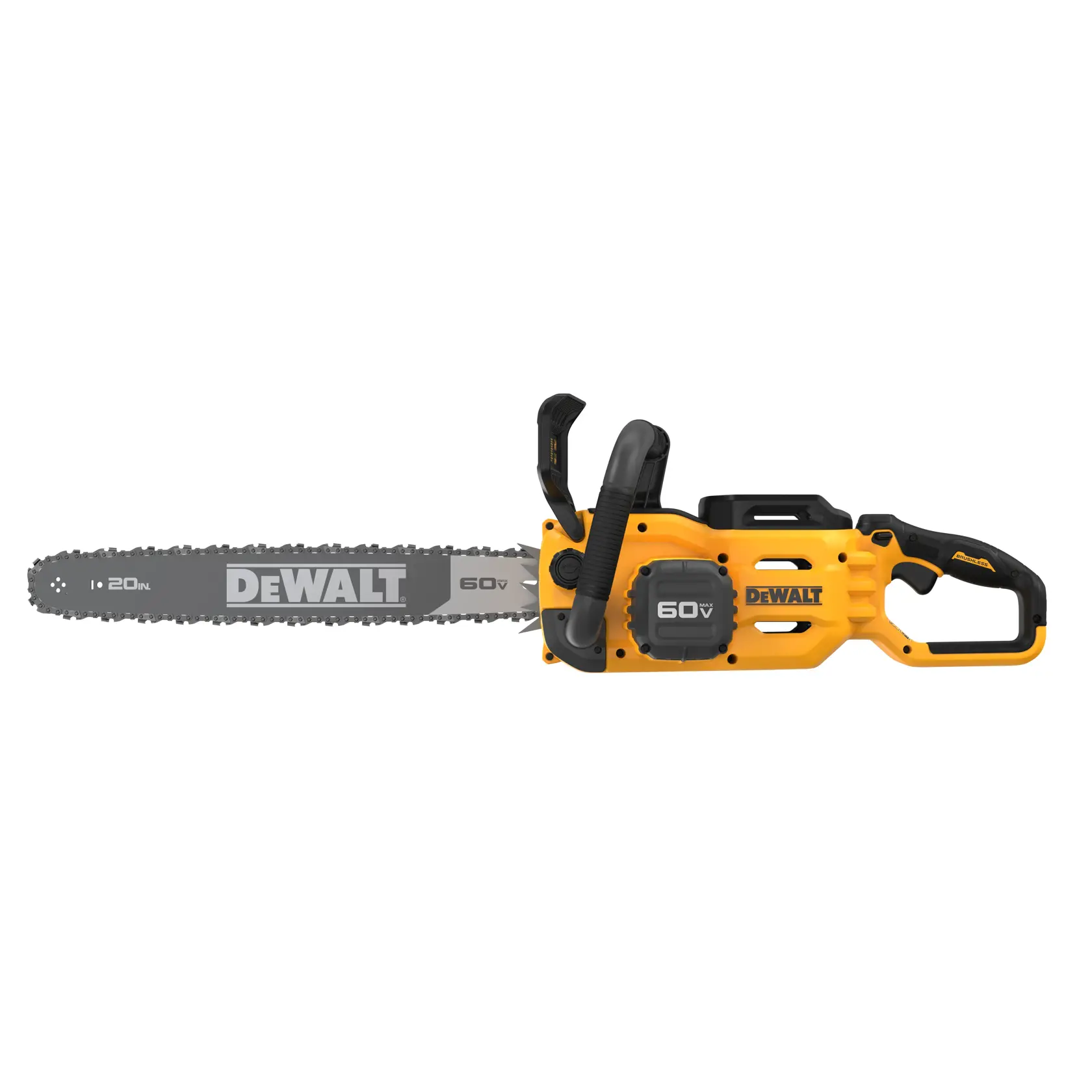 A yellow and black DEWALT cordless chainsaw with a 20-inch bar and 60V battery, shown from the side.