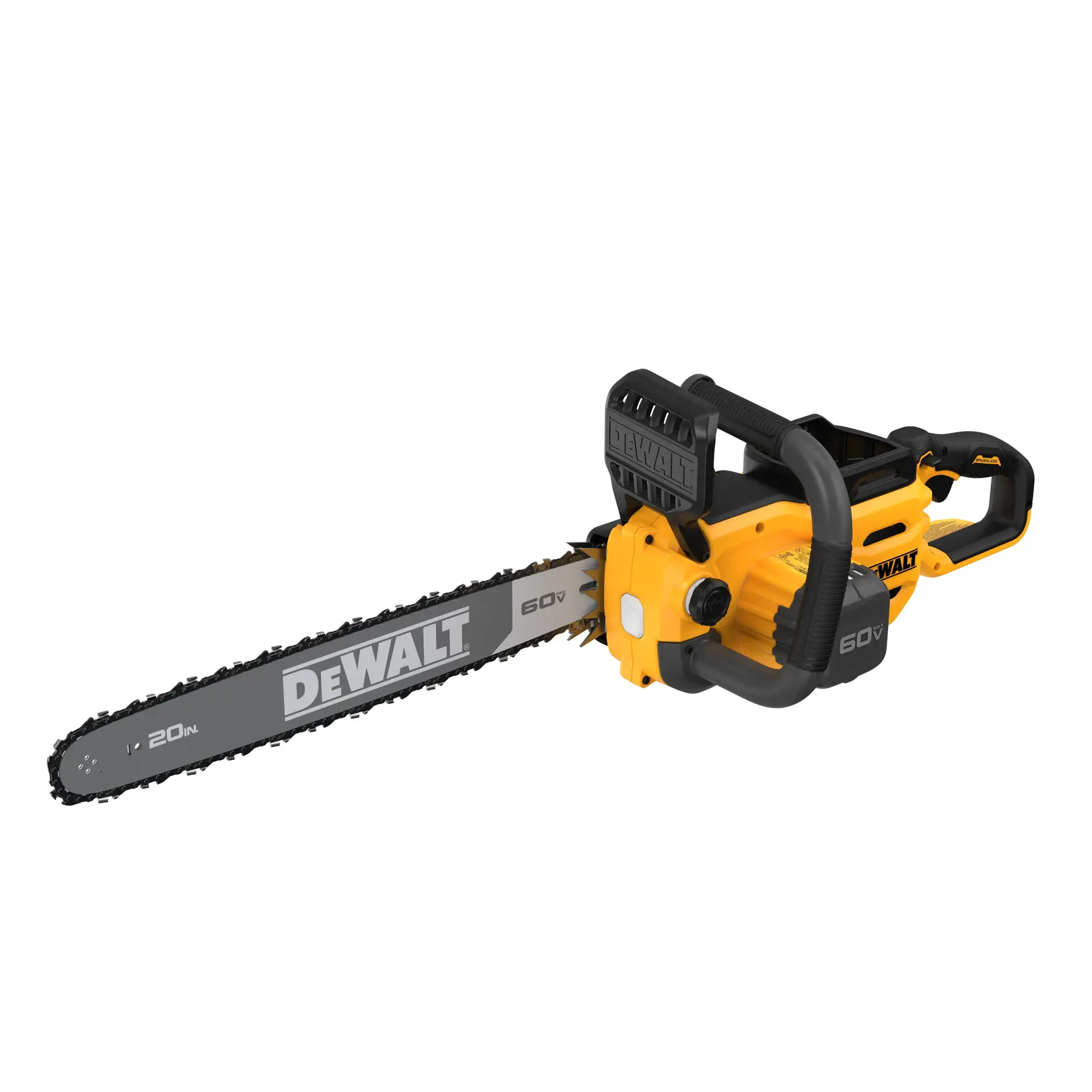 A DEWALT cordless chainsaw with a 20-inch bar, featuring a yellow and black design and 60V branding, shown on a white background.