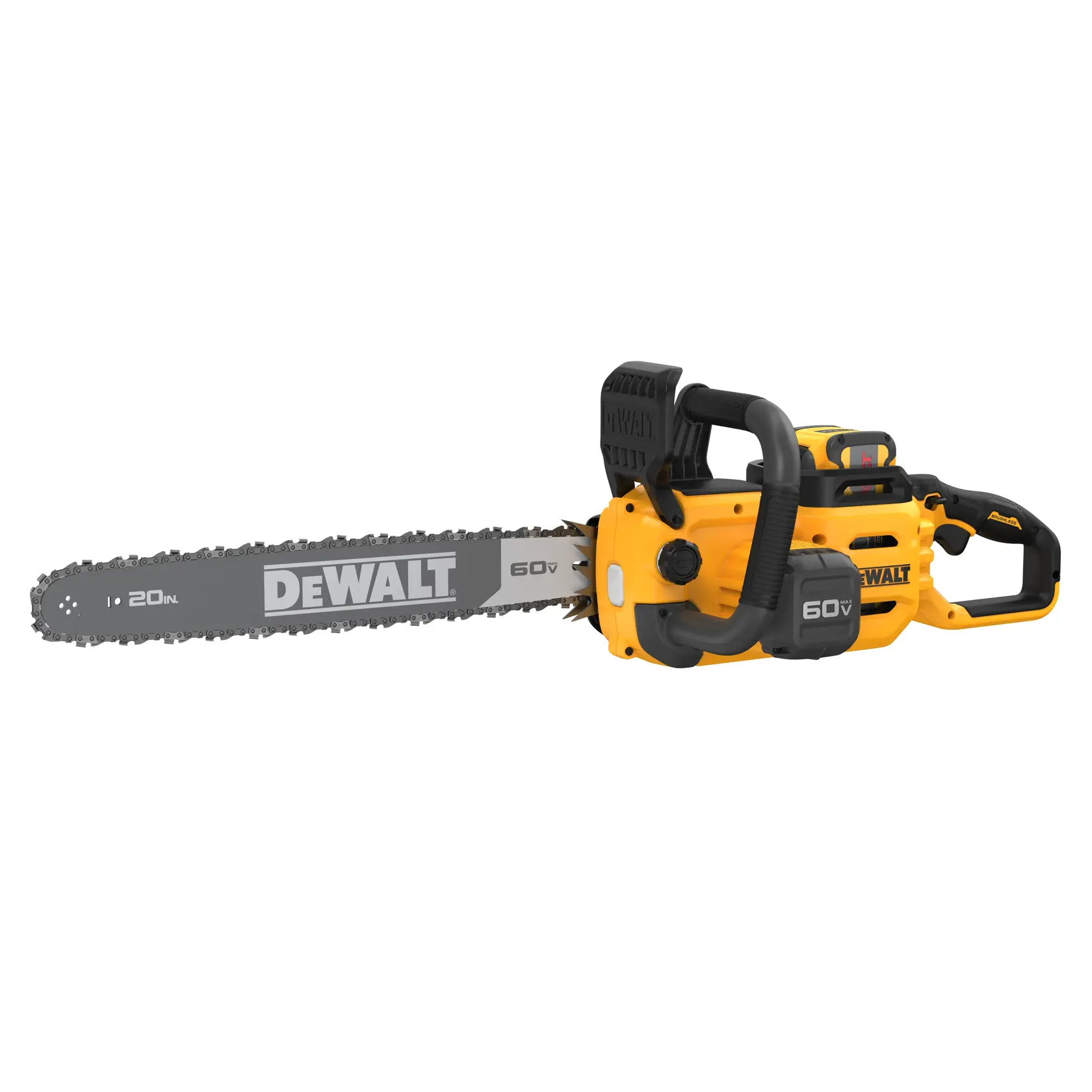 A yellow and black DEWALT 60V cordless chainsaw with a 20-inch blade, shown on a white background.