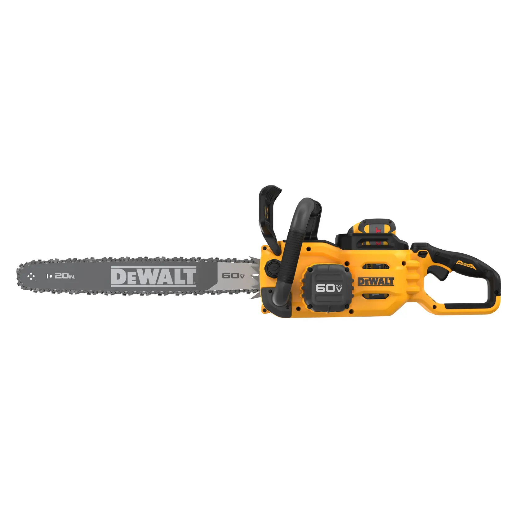 A yellow and black DEWALT 60V cordless chainsaw with a 20-inch bar, shown from the side on a white background.