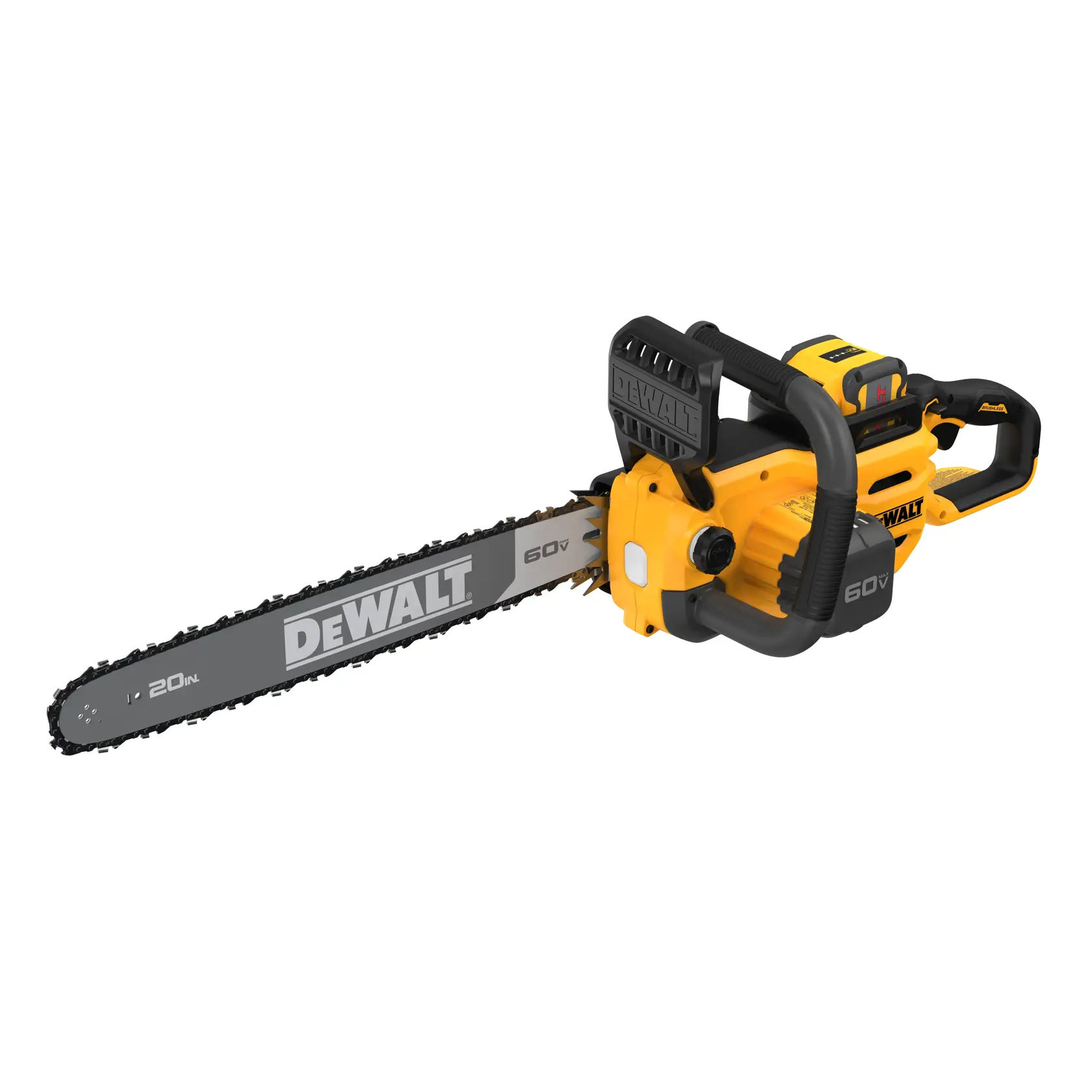 A yellow and black DEWALT 60V cordless chainsaw with a 20-inch bar is shown on a white background.