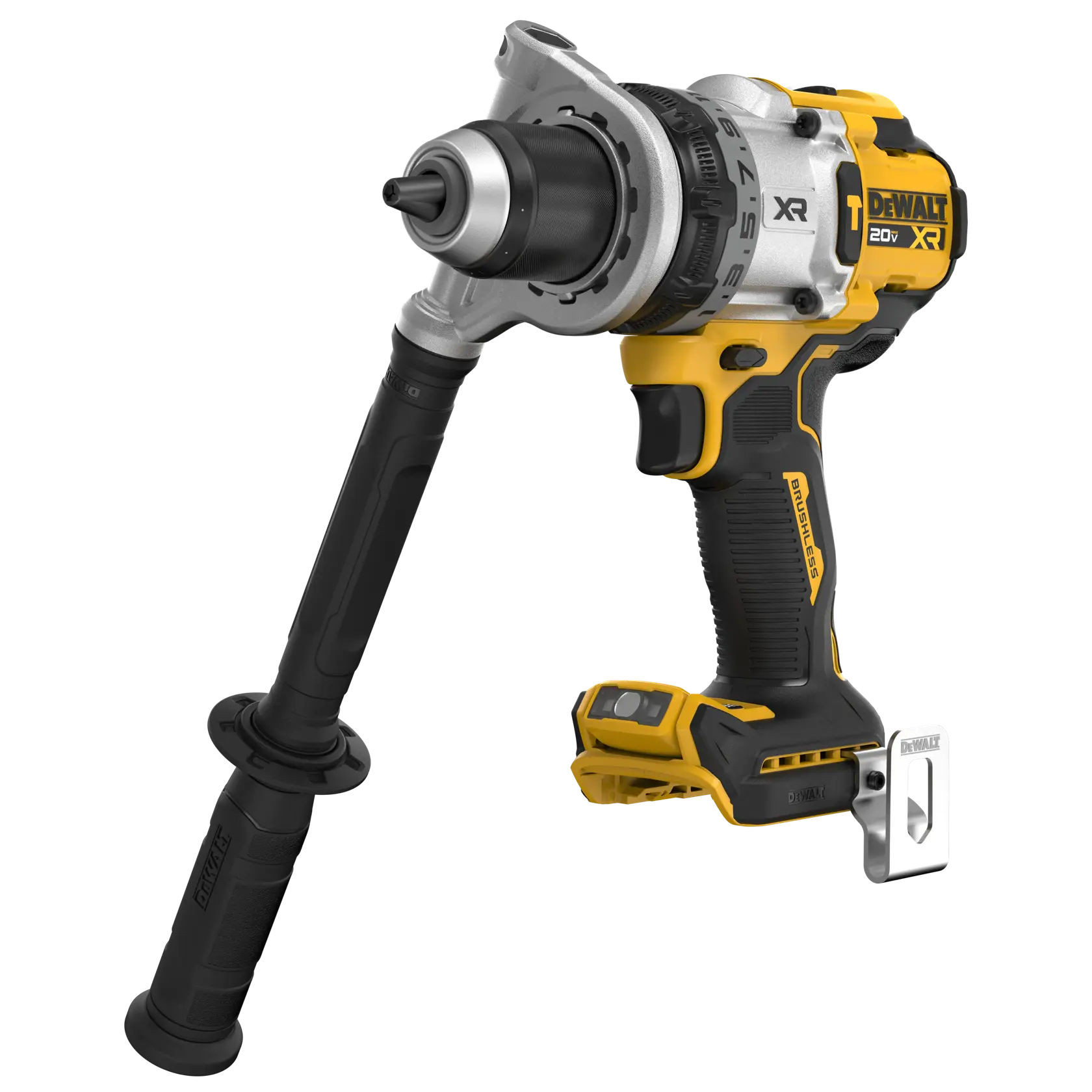 Cordless DEWALT 20V XR power drill with side handle and metal belt clip, shown with yellow and black casing.