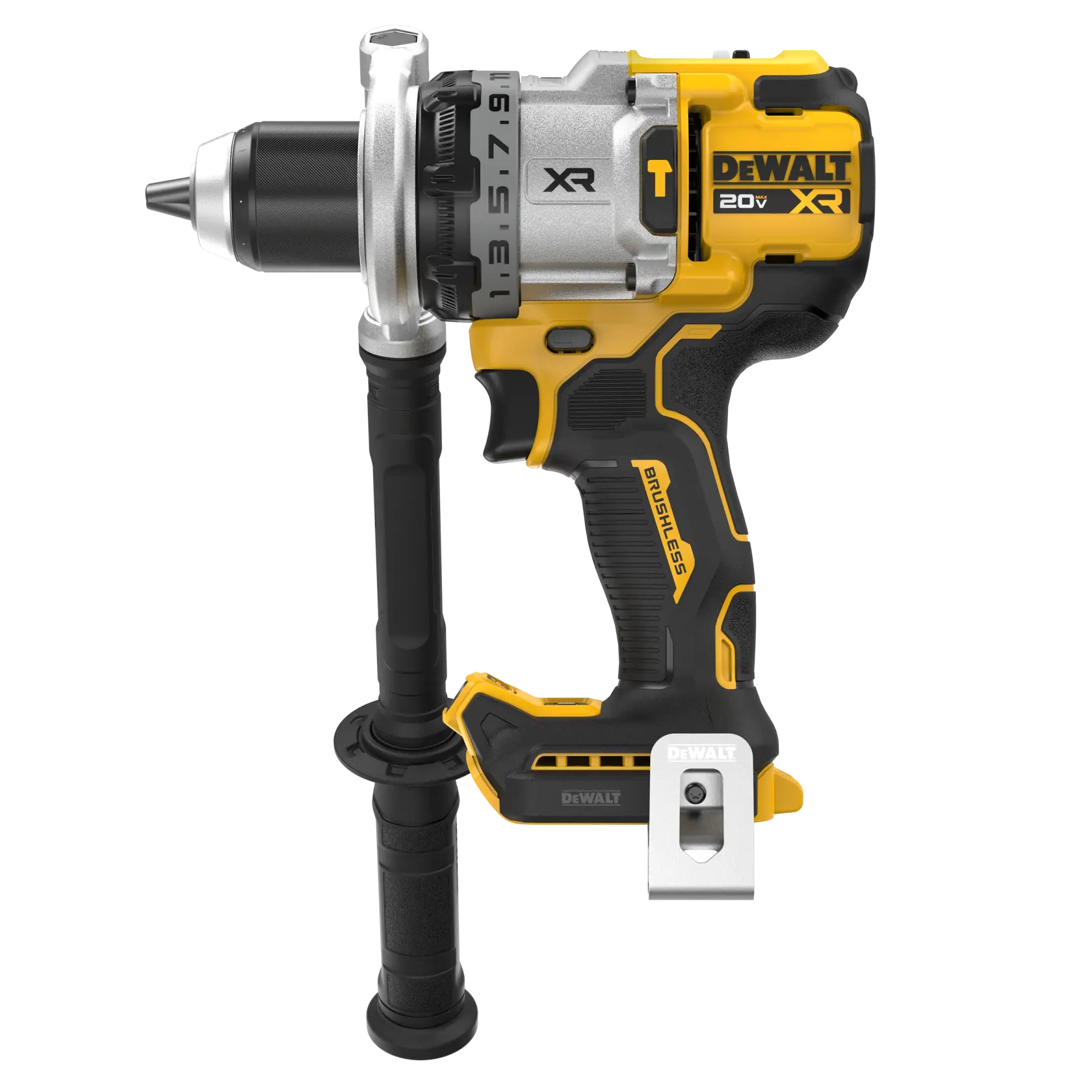 A DEWALT 20V XR cordless brushless drill with a side handle attachment, shown in yellow and black color.