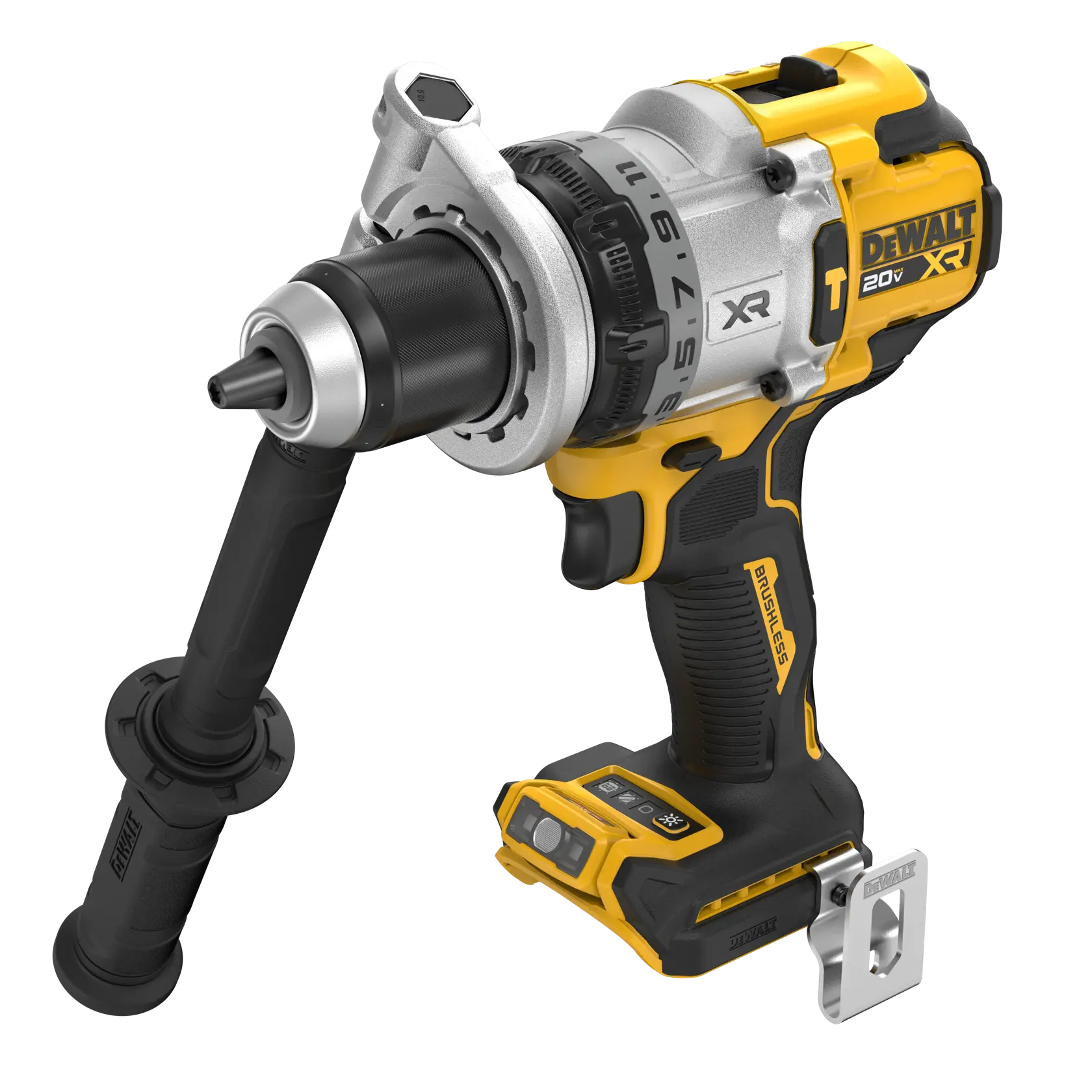 A DEWALT 20V XR cordless drill with a side handle attachment. The drill features a brushless motor and ergonomic grip, shown in yellow and black colors.
