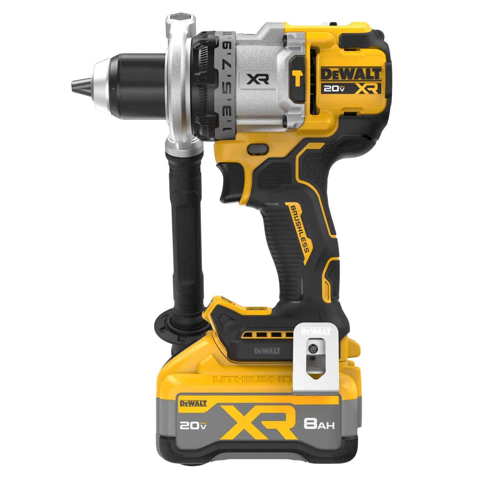 Cordless yellow and black DEWALT XR 20V brushless power drill with side handle and an 8Ah lithium-ion battery, seen from the side.