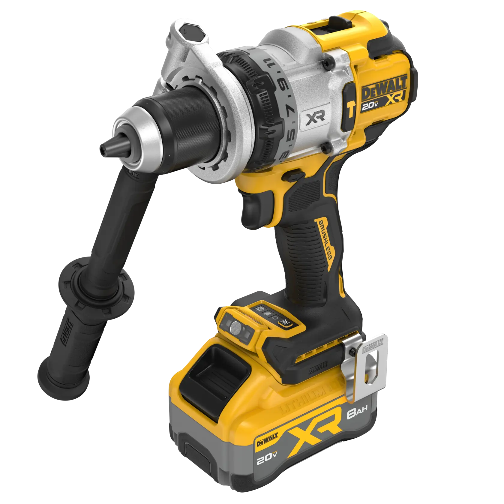 Cordless DEWALT 20V XR brushless drill with auxiliary handle, featuring a yellow and black design and an 8Ah battery.