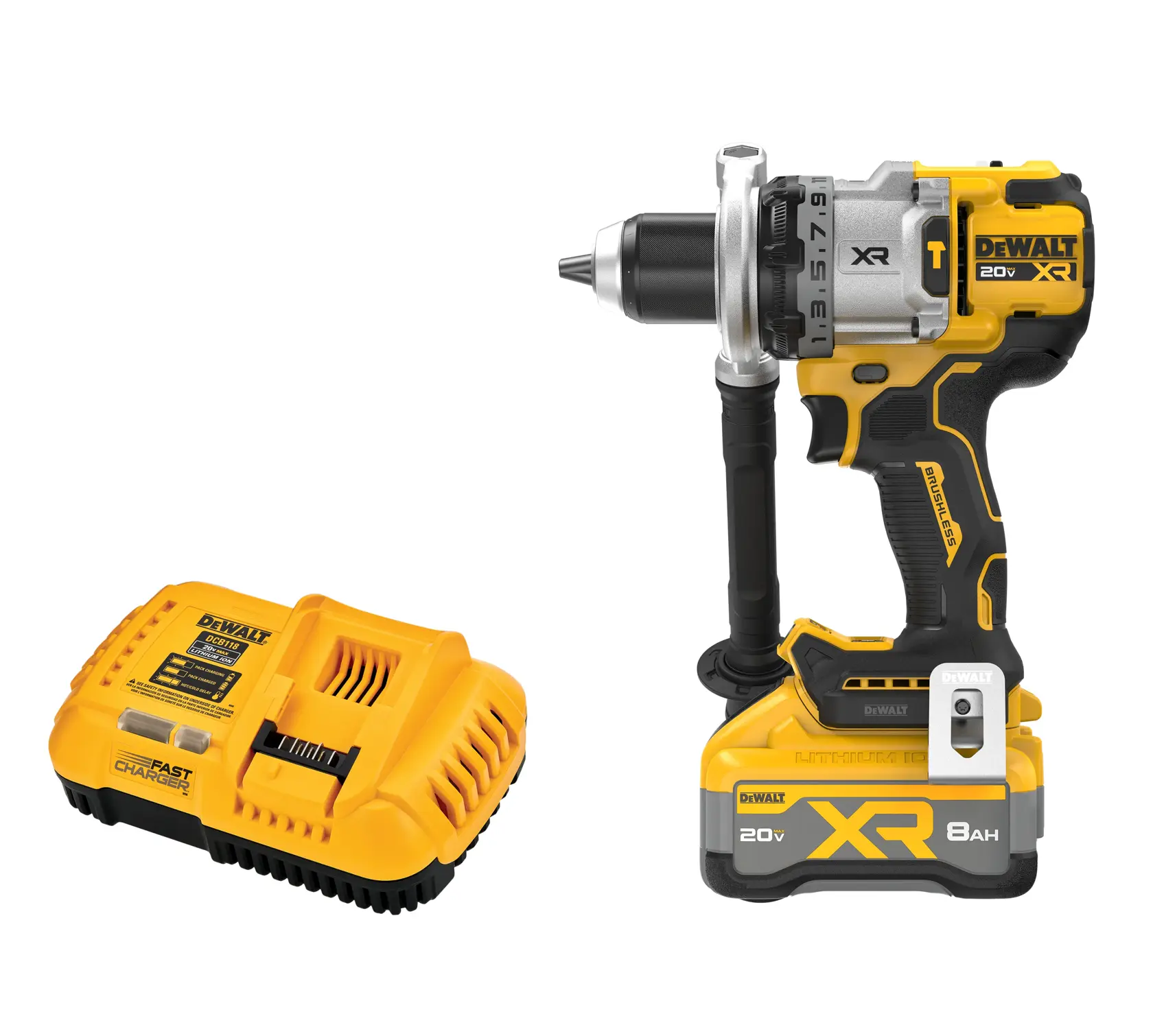 A DEWALT 20V XR cordless power drill with an 8Ah lithium-ion battery and a yellow fast charger placed beside it.