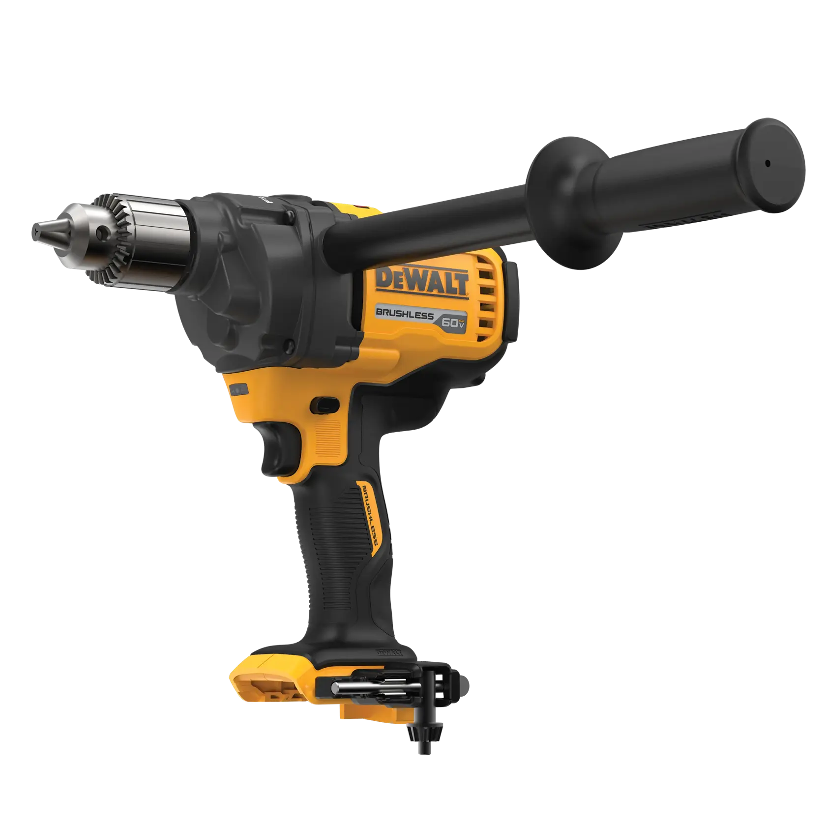 A DEWALT 60V brushless cordless drill with side handle, shown on a white background.