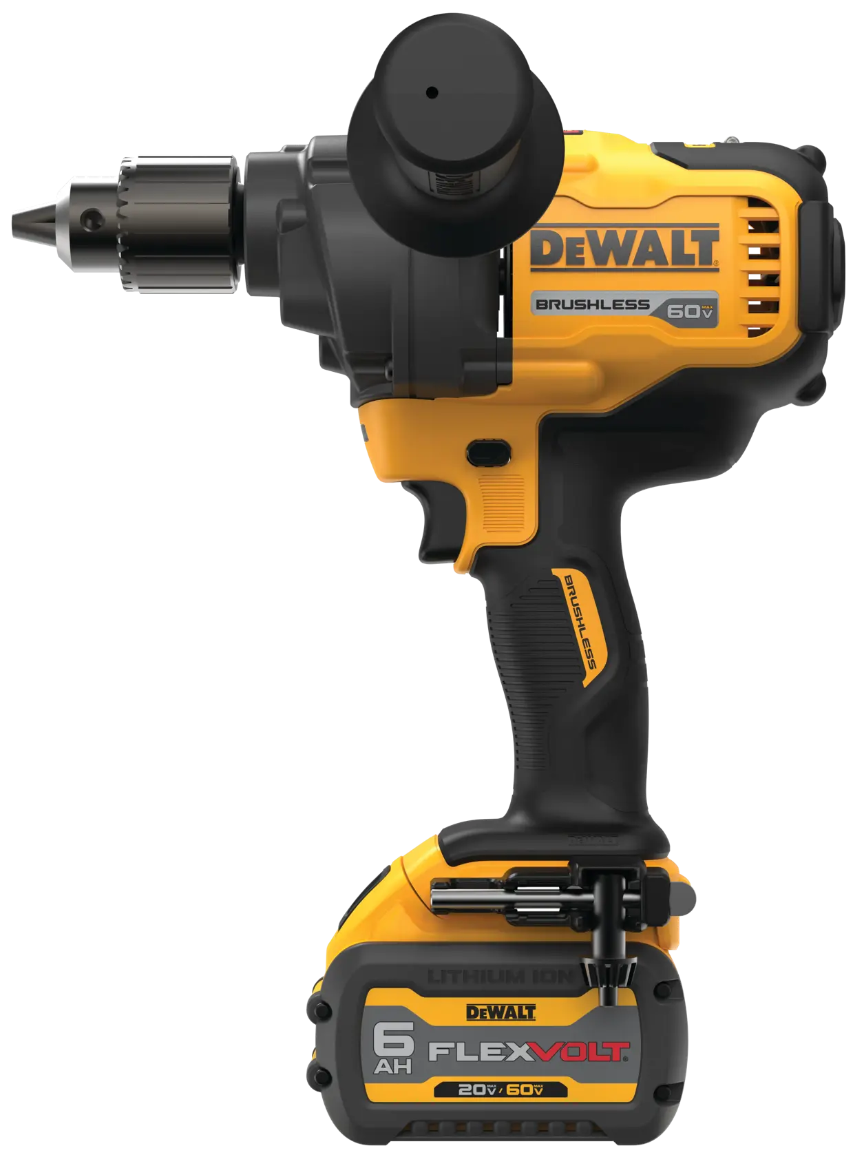 A yellow and black DEWALT cordless drill with a brushless motor and FLEXVOLT 6Ah lithium ion battery, model DCD130T1.
