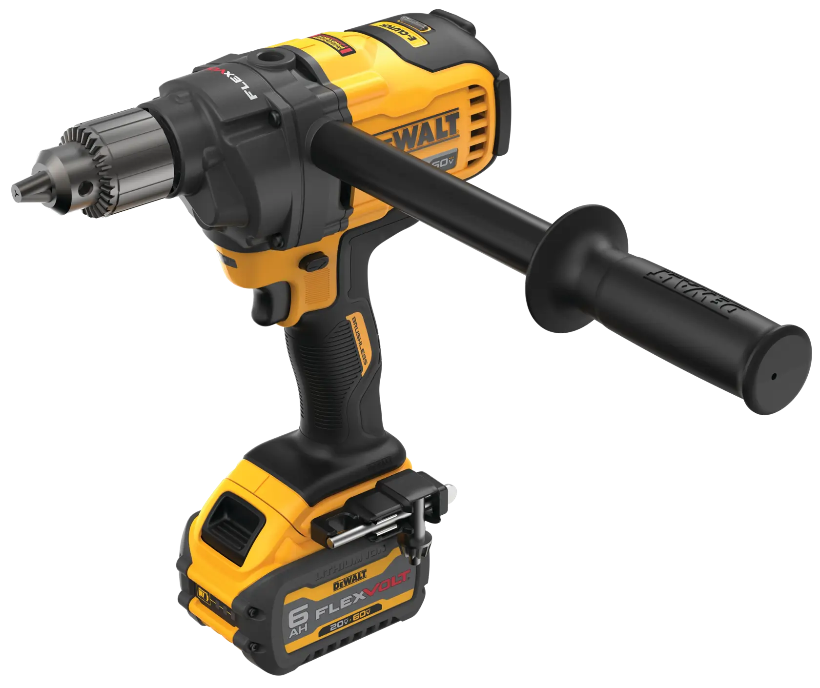 A DEWALT cordless power drill with a side handle and a FLEXVOLT 6Ah battery, shown on a white background.