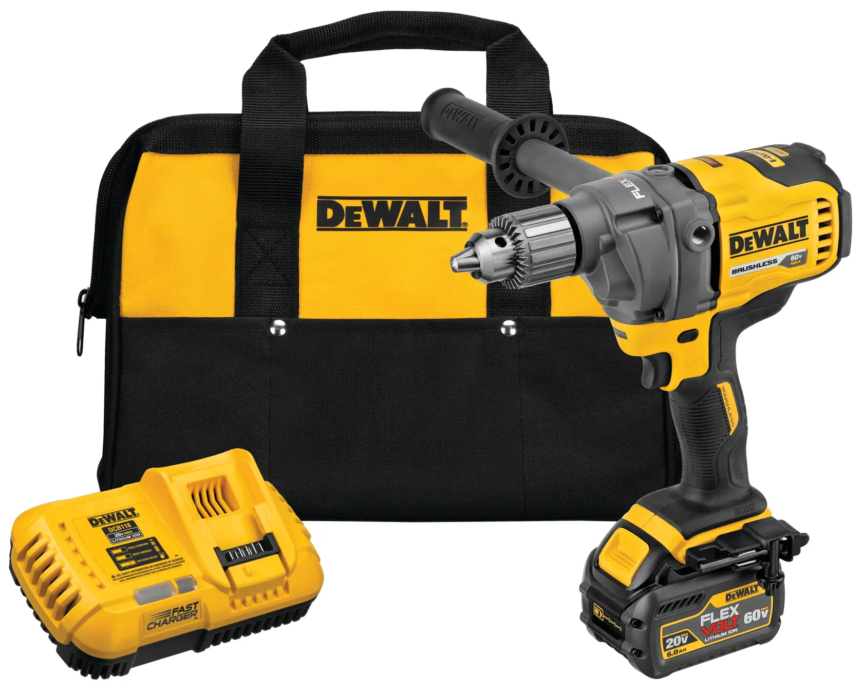 A DEWALT cordless power drill kit, including a yellow and black DEWALT-branded carry bag, a battery charger, and a power drill equipped with a FLEXVOLT battery.