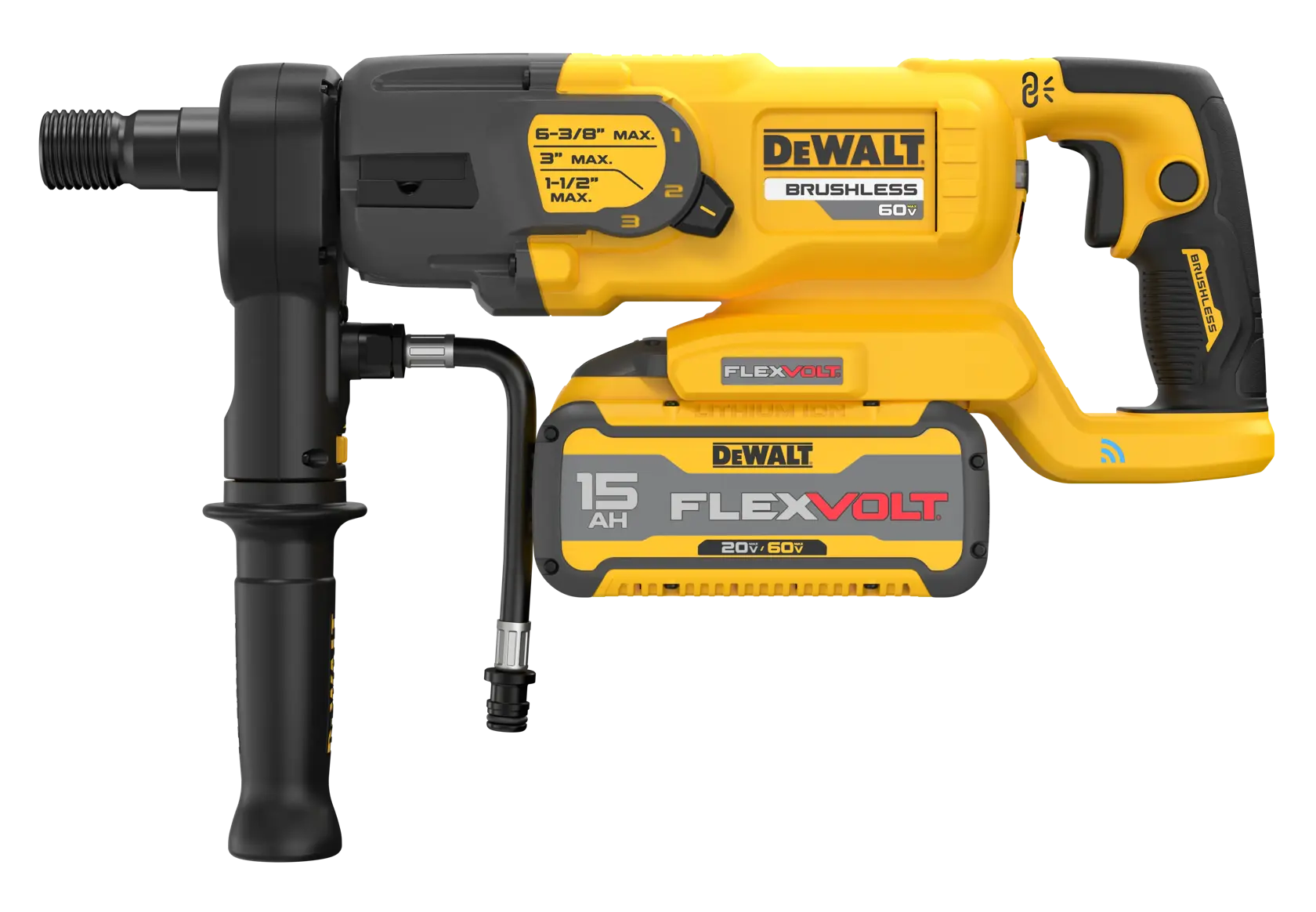 A yellow and black DEWALT brushless rotary hammer drill with FLEXVOLT 15Ah battery, model DCD150Z2, shown from the side.