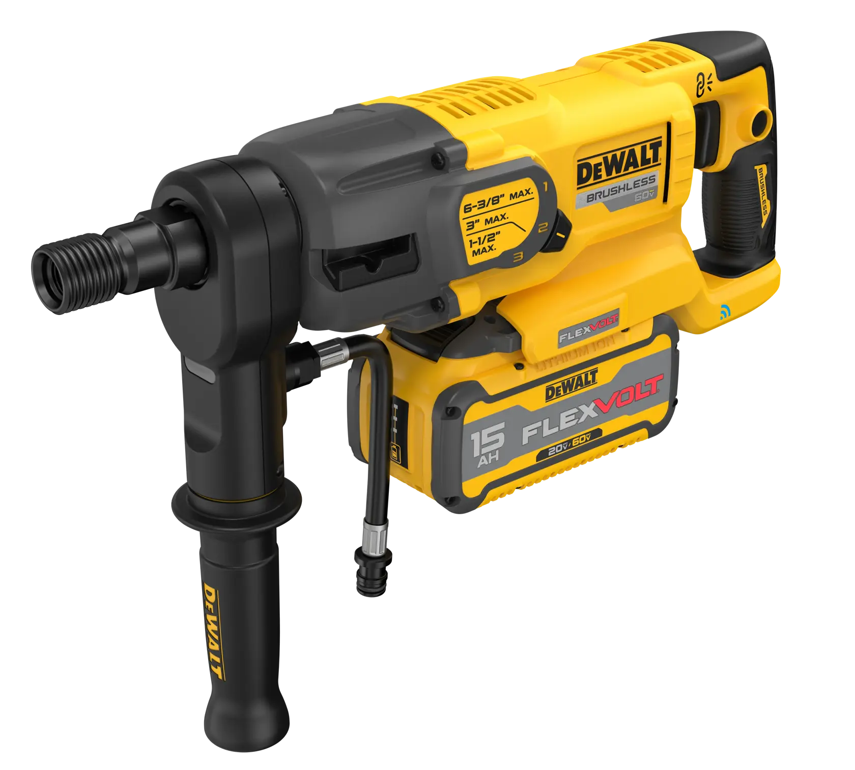 A DEWALT yellow and black cordless brushless rotary hammer drill with a FlexVolt 15AH battery attached, featuring a side handle for stability and labeled power settings.
