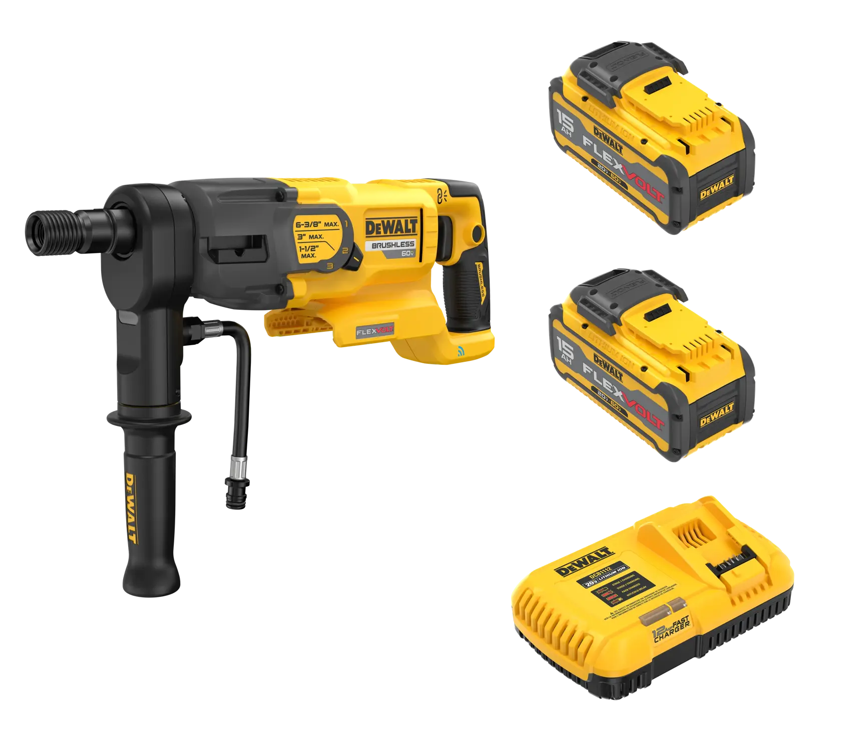 A DEWALT cordless brushless rotary hammer drill, shown with two yellow and black FlexVolt batteries and a matching DEWALT battery charger.