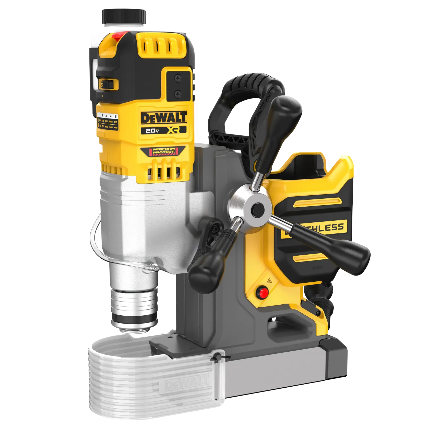 A DEWALT 20V XR brushless cordless magnetic drill press with a yellow and black design, three rotary handles, and a sturdy base.