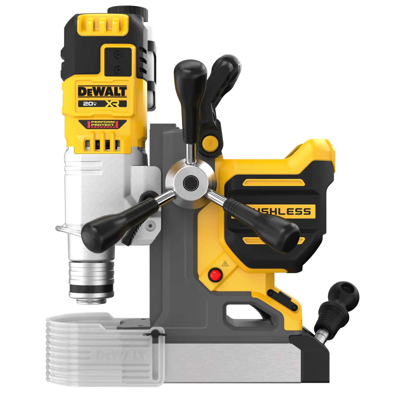 Front view of a DEWALT 20V XR brushless cordless magnetic drill press with yellow and black detailing, three spindle handles, and a compact design.