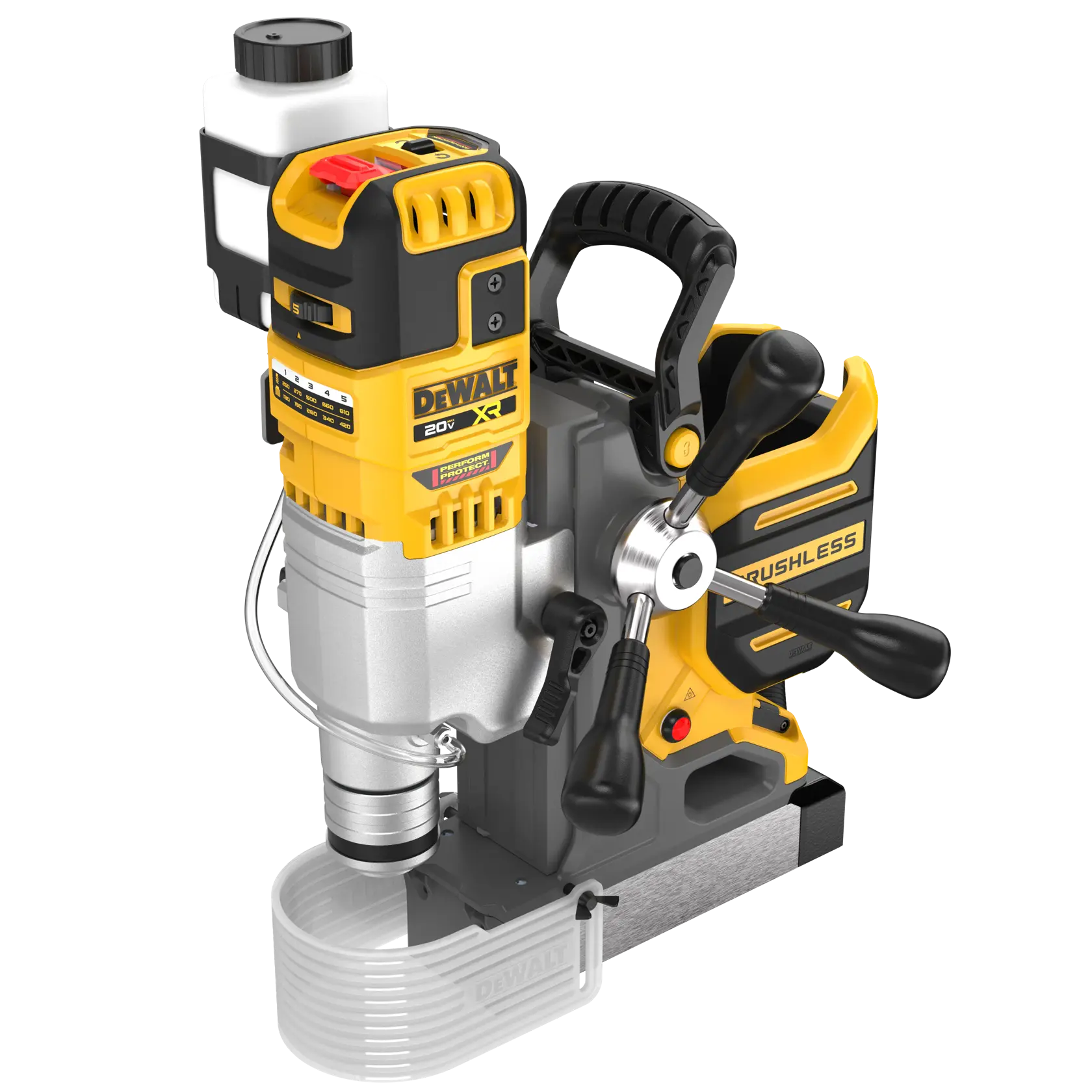A DEWALT 20V XR cordless brushless magnetic drill with a yellow and black design, featuring a built-in handle, control switches, and a liquid container on top.