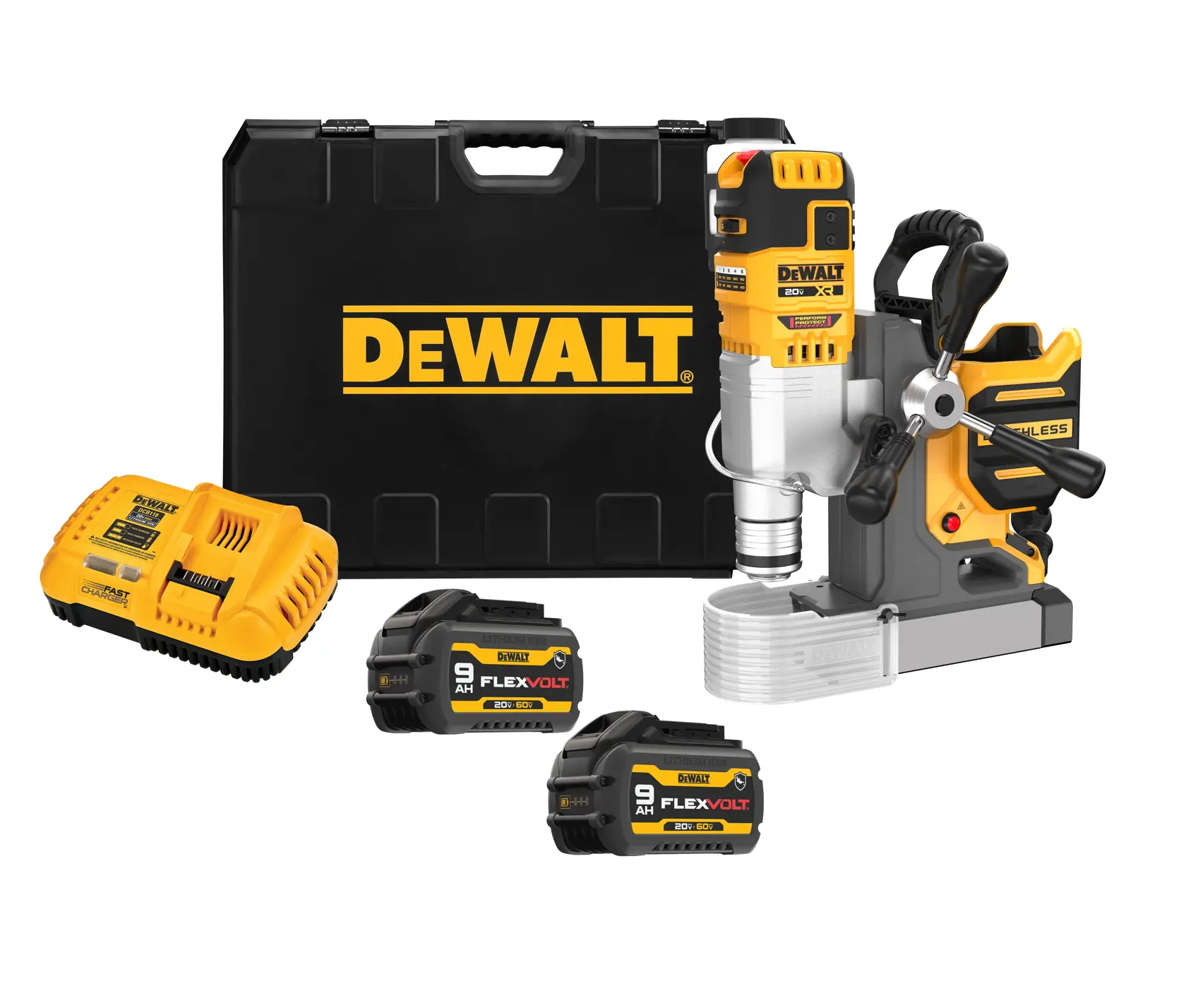 DEWALT portable tool kit including a brushless magnetic drill, two FLEXVOLT 9Ah batteries, a battery charger, and a black carrying case with the DEWALT logo.