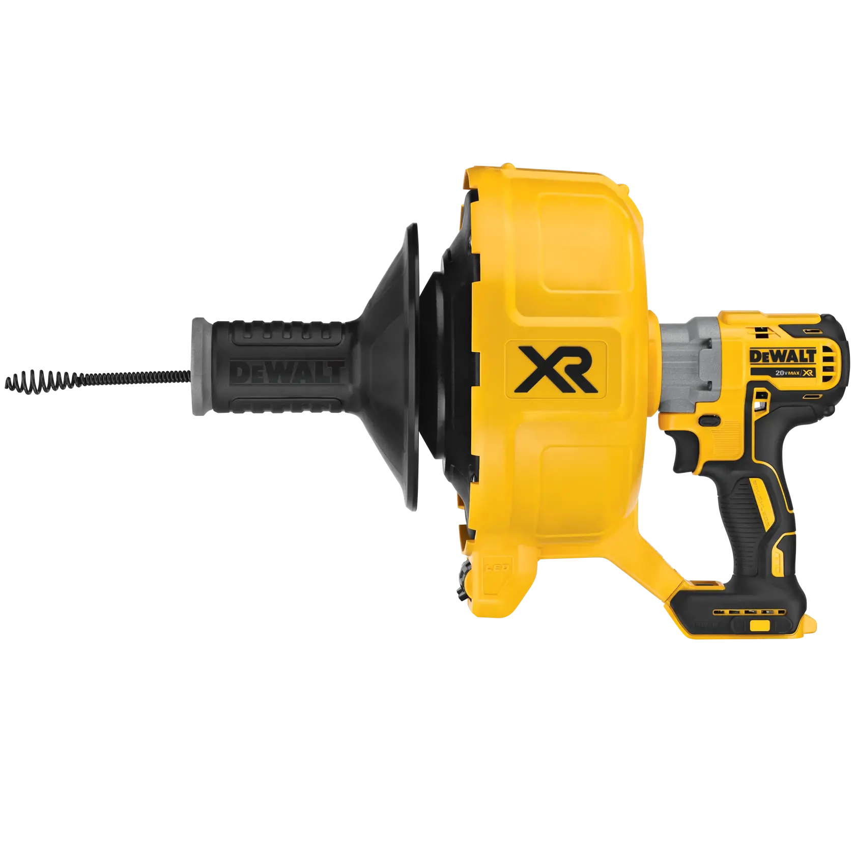 A DEWALT cordless drain snake tool with a yellow and black design, featuring a handle, drum, and flexible cable intended for unclogging drains.