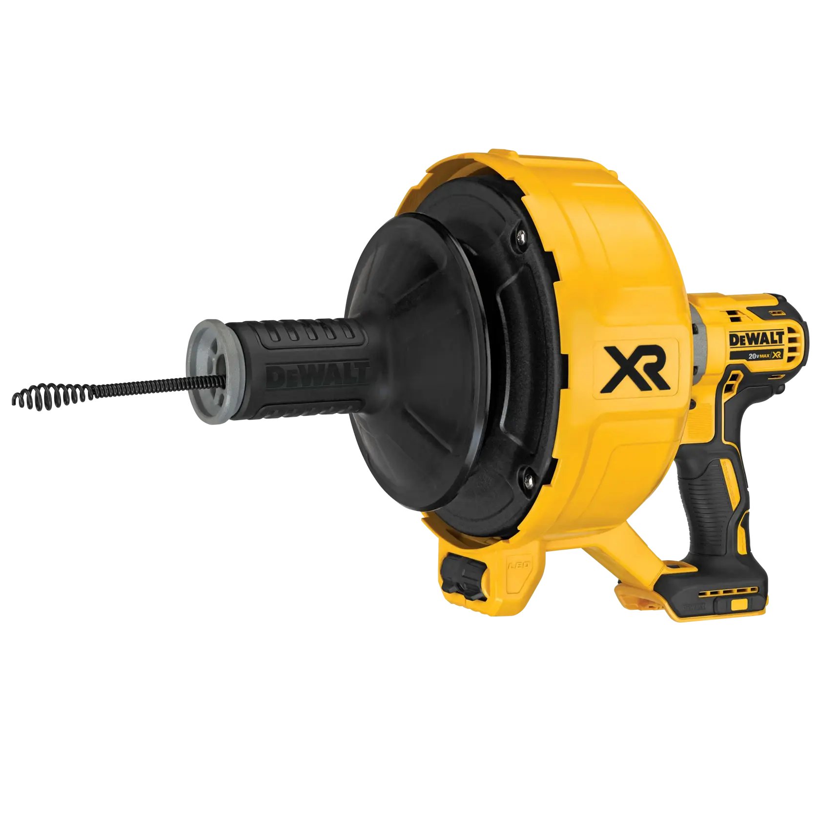DEWALT cordless drain auger machine with yellow and black design, used for cleaning drains, shown from a side angle with visible drum, handle, and flexible cable extending out.