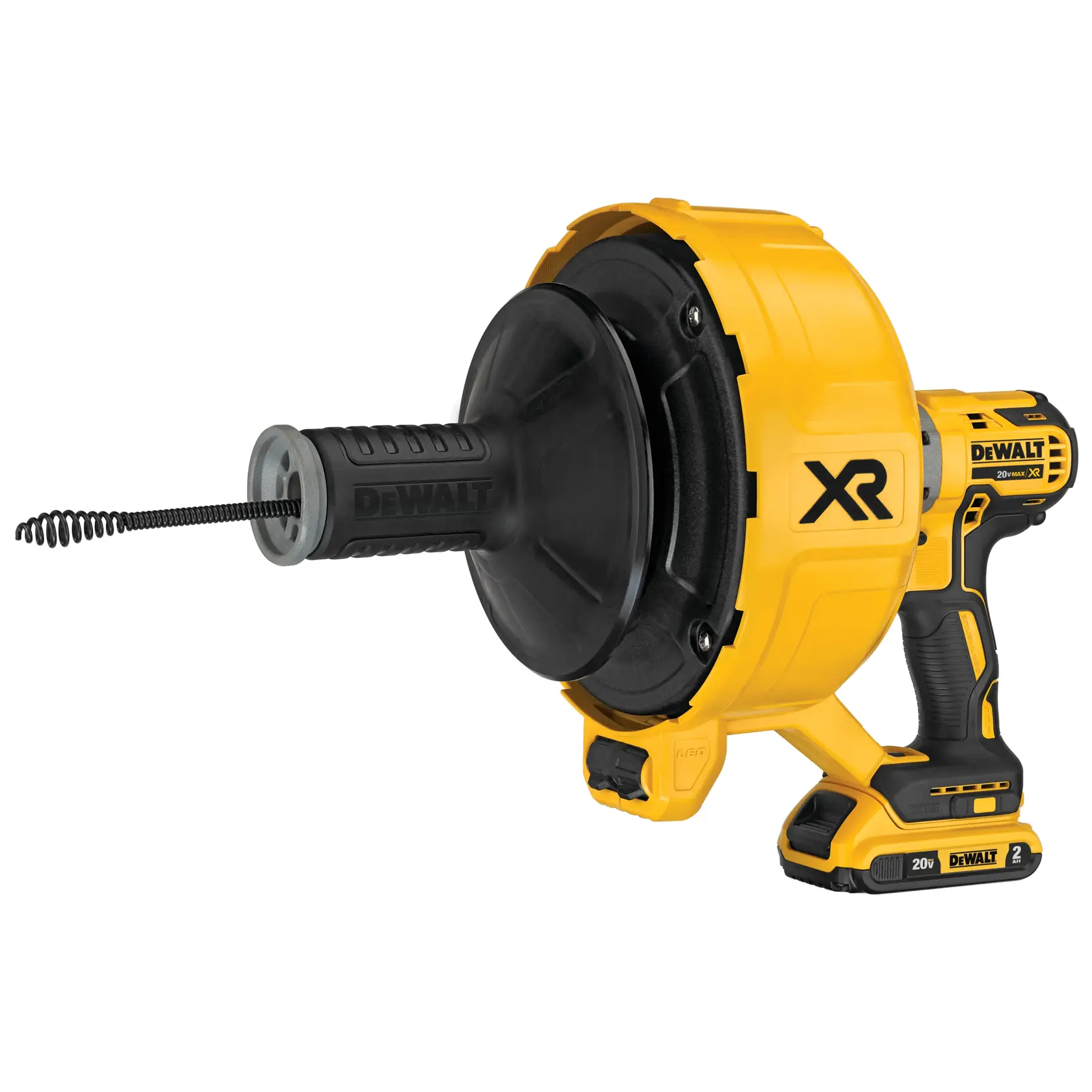 DEWALT DCD200D1 cordless drain snake tool with a yellow and black body, featuring a coiled auger extending from the front and a pistol-grip handle, designed for unclogging drains.
