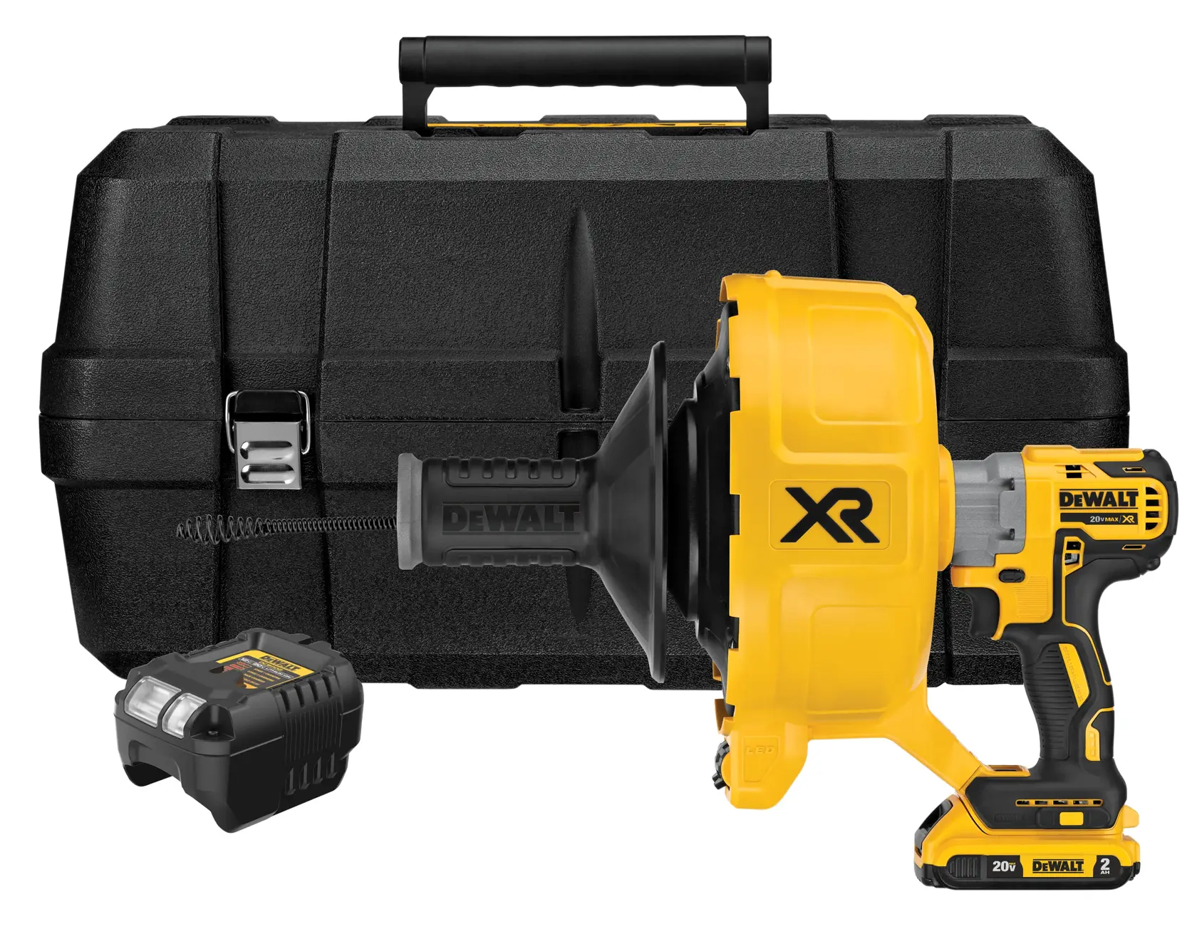 A DEWALT cordless drain snake kit, including a yellow and black power tool, a black carrying case, and a battery pack.