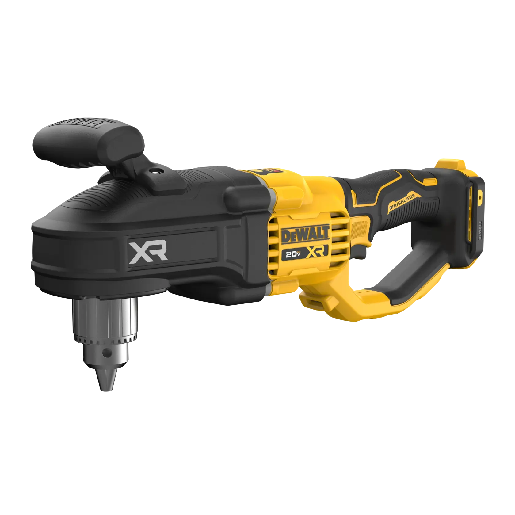 A cordless DEWALT 20V XR right angle drill with a black and yellow design, featuring a handle and an adjustable auxiliary grip.