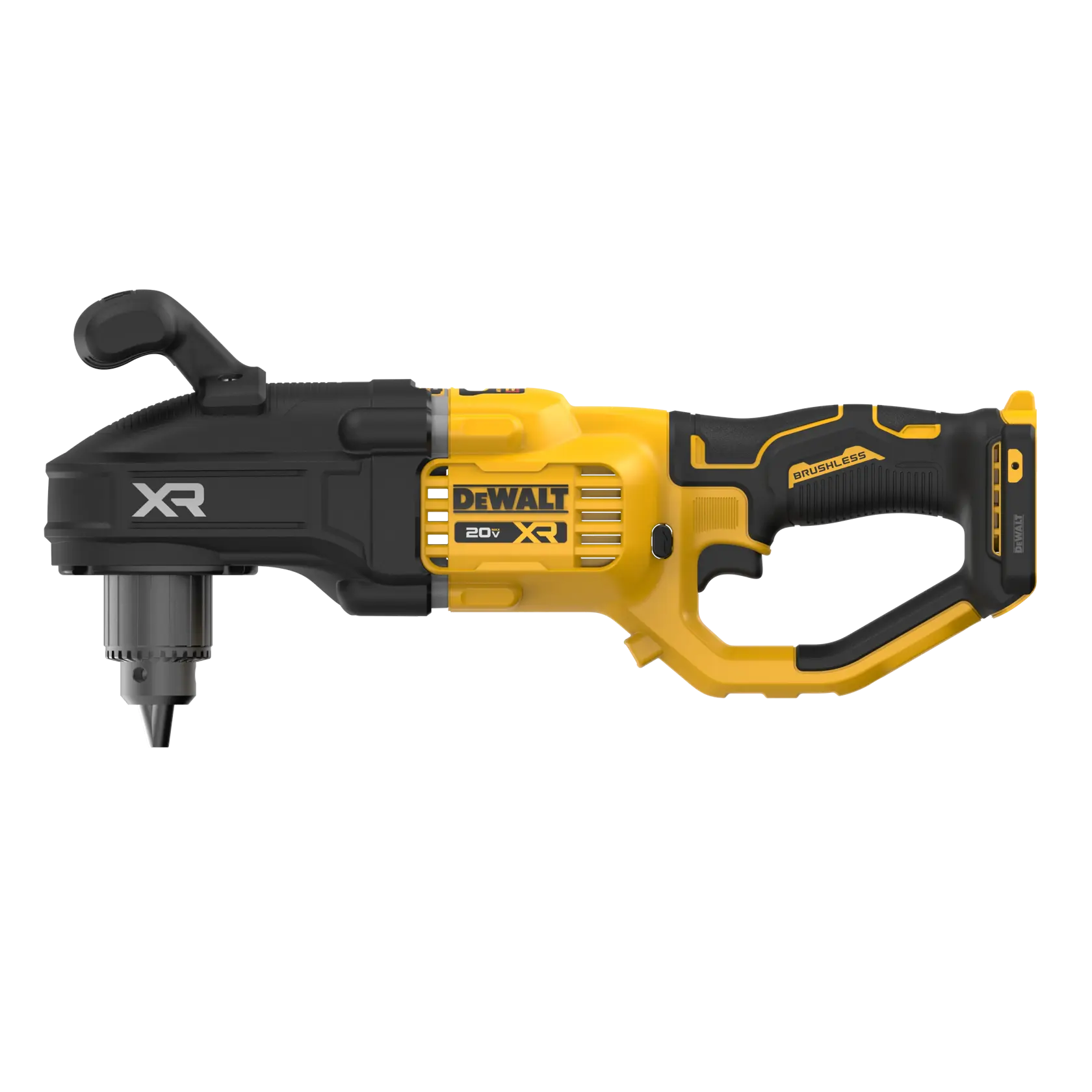 A DEWALT 20V XR cordless brushless right angle drill, featuring a yellow and black design with the brand logo and model information on the side.