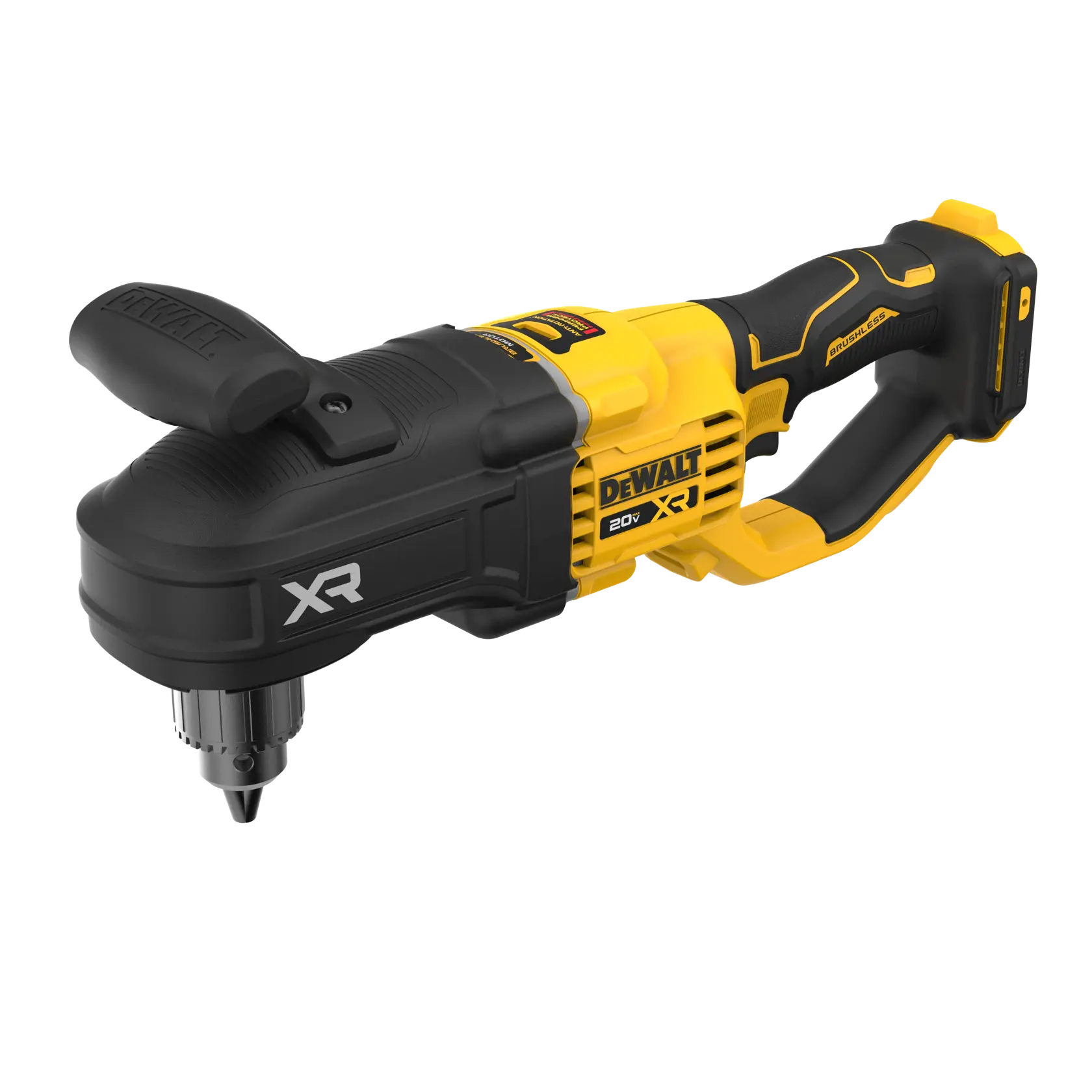 A DEWALT 20V XR cordless right angle drill with a black and yellow design, shown against a white background.