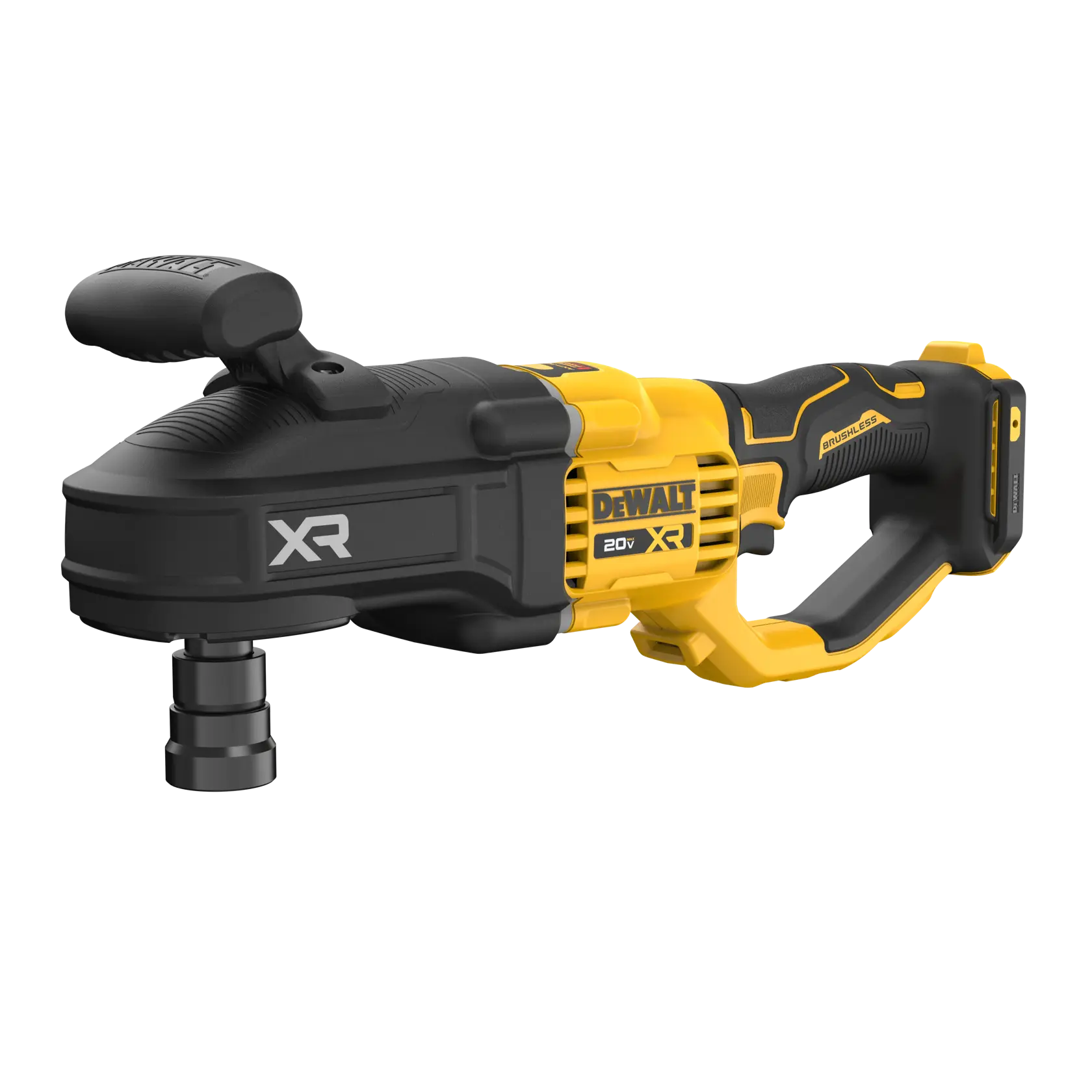 A DEWALT 20V XR cordless right angle drill, featuring a yellow and black design with a side handle and brushless motor, shown against a white background.