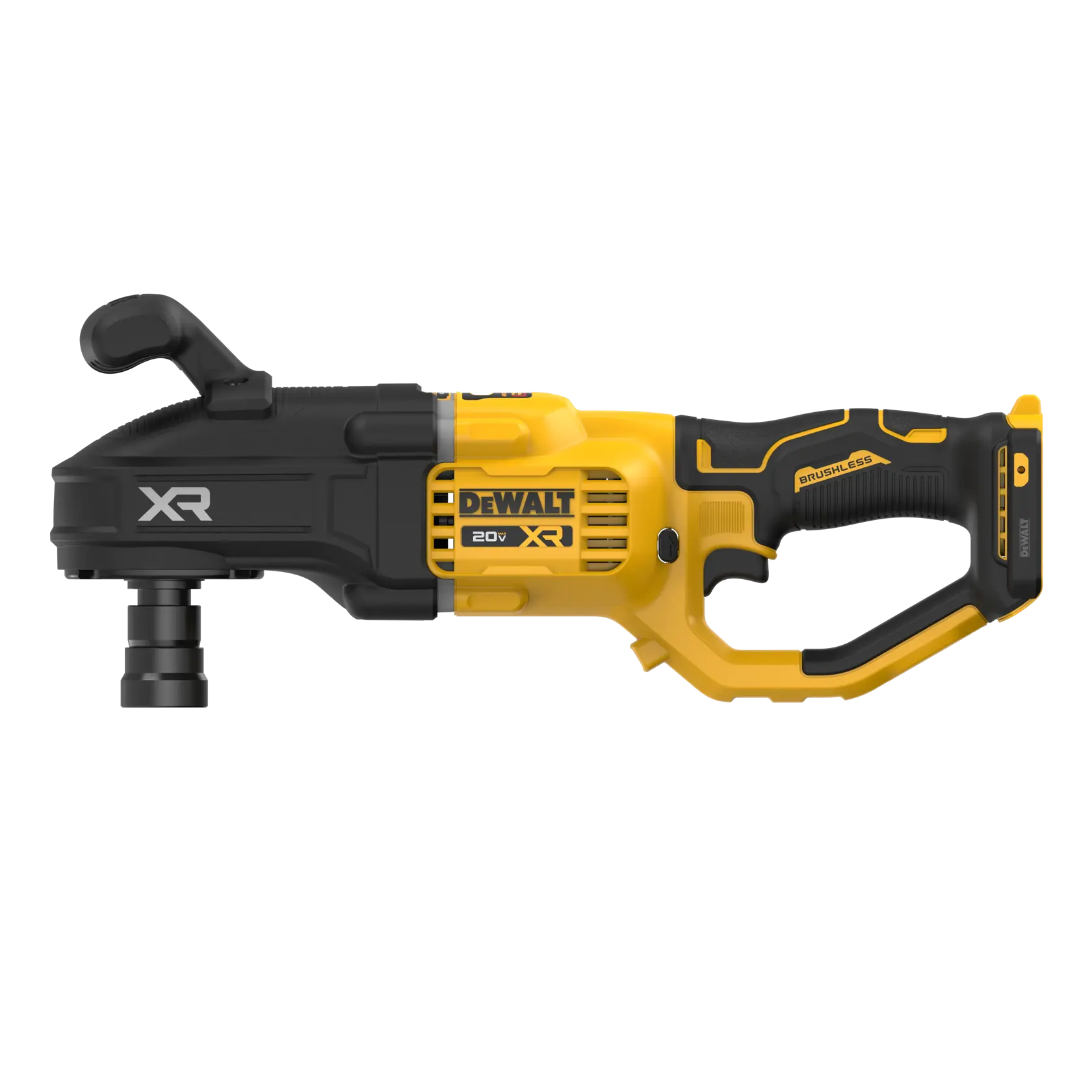 DEWALT 20V XR brushless power drill with a compact design, featuring a yellow and black color scheme and ergonomic handle.