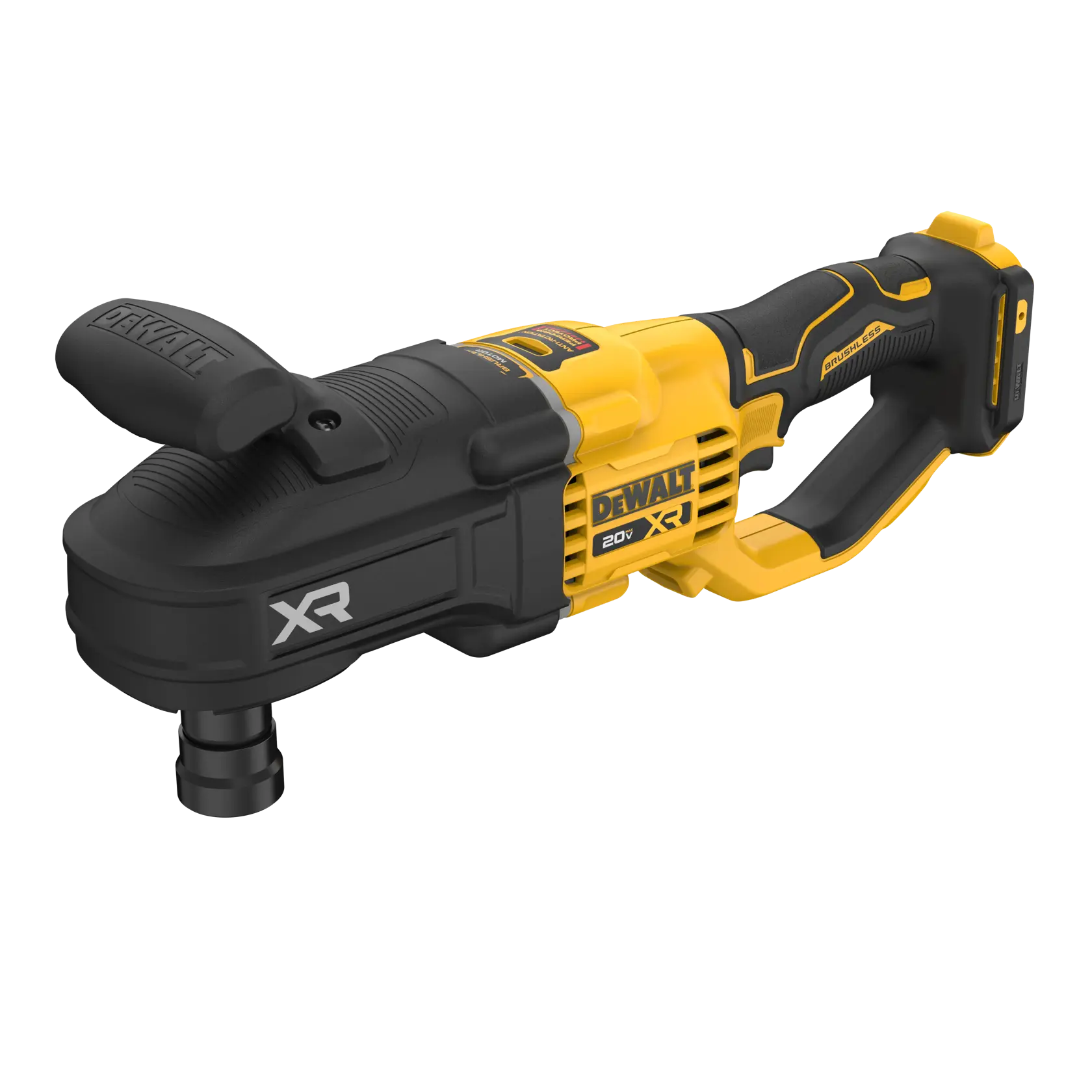 A DEWALT 20V XR cordless angle drill featuring a black and yellow body, ergonomic handle, and side-mounted handle. The tool is shown against a white background.