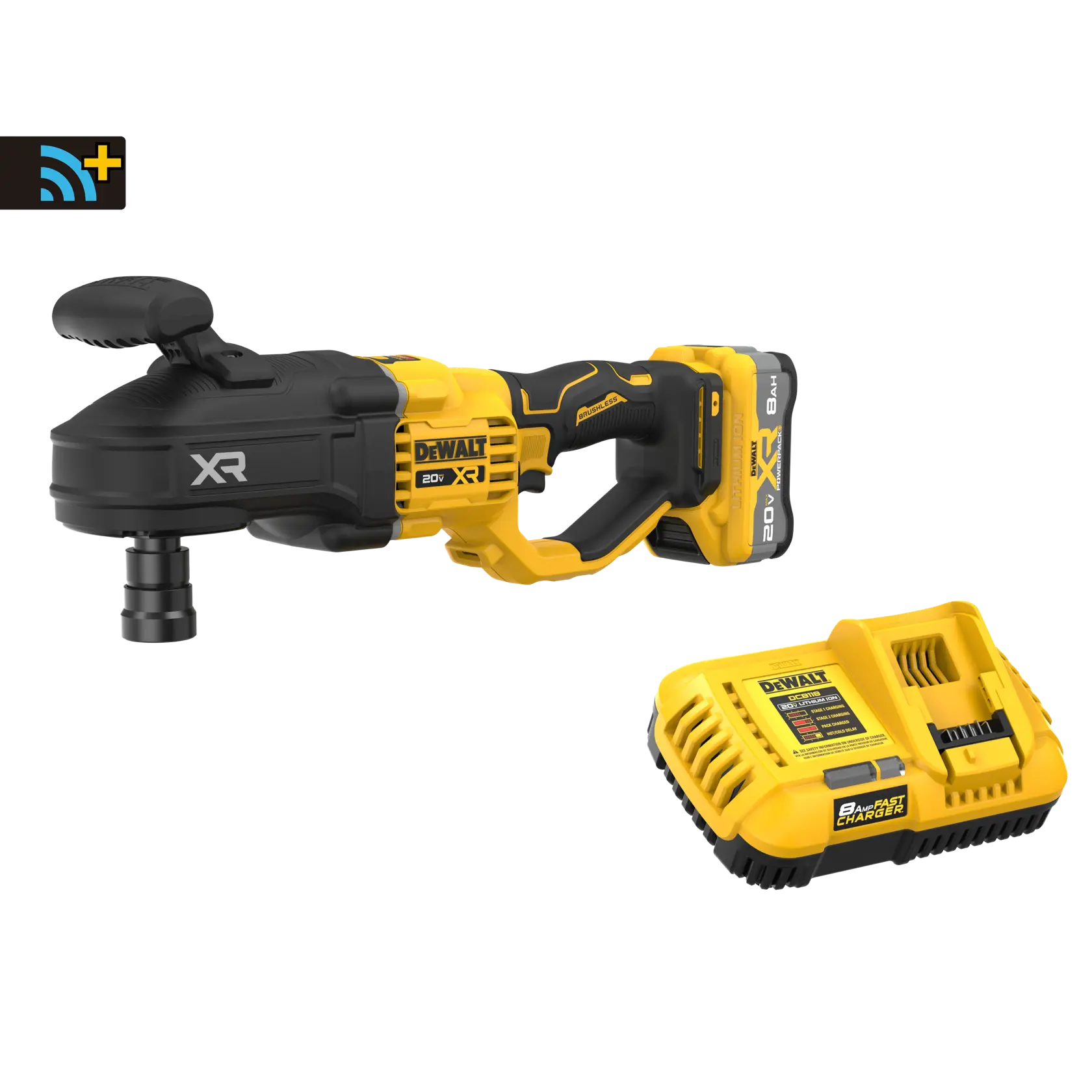 A DEWALT 20V XR cordless right angle drill with a yellow and black design, shown with a fast battery charger. The drill has