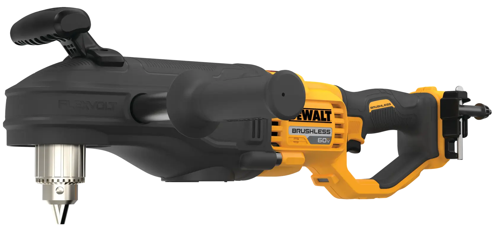 DEWALT FLEXVOLT 60V brushless cordless right angle drill with a side handle and keyless chuck, shown on a white background.