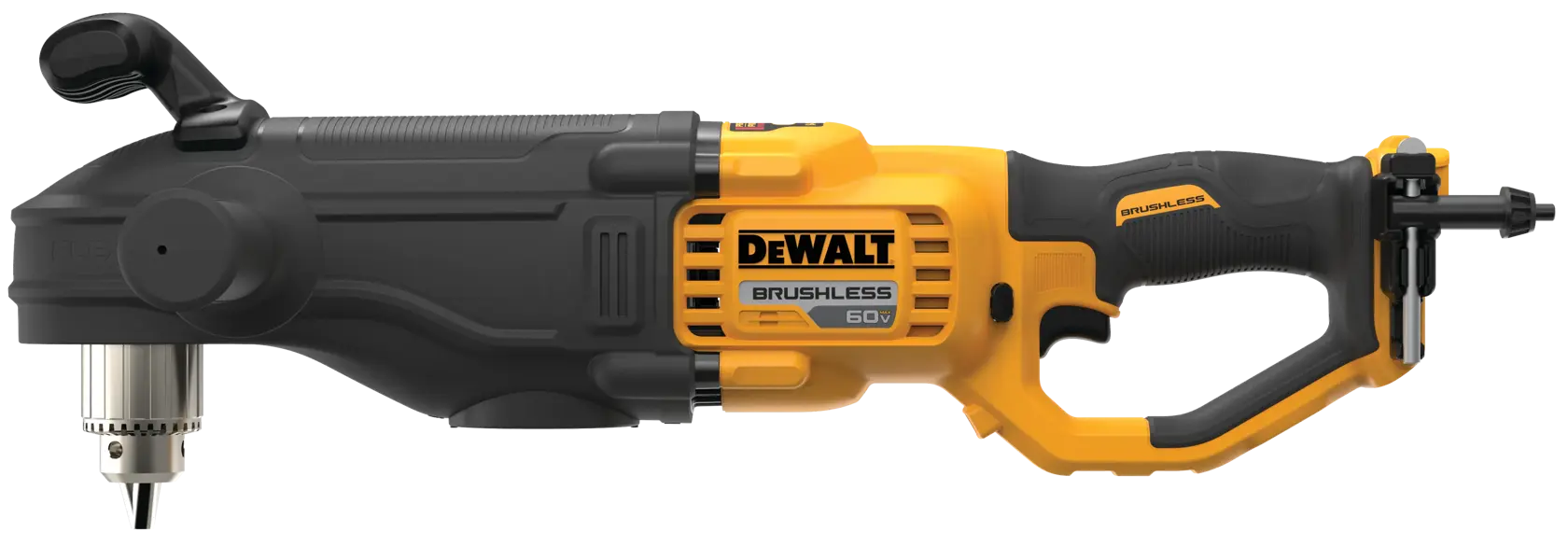 A DEWALT 60V Brushless Flexvolt right angle drill with a yellow and black design, featuring a side handle and a metal chuck.